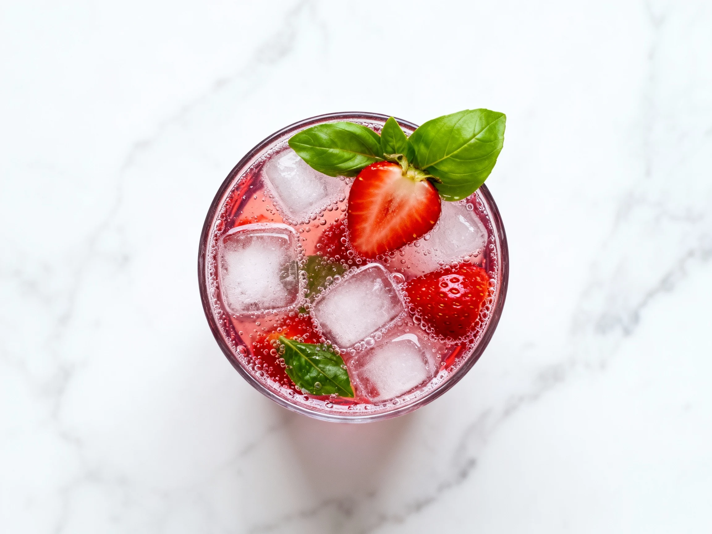 Food photography, Overhead shot: Berry Basil Cooler showing muddled strawberries and basil beneath sparkling water, ruby