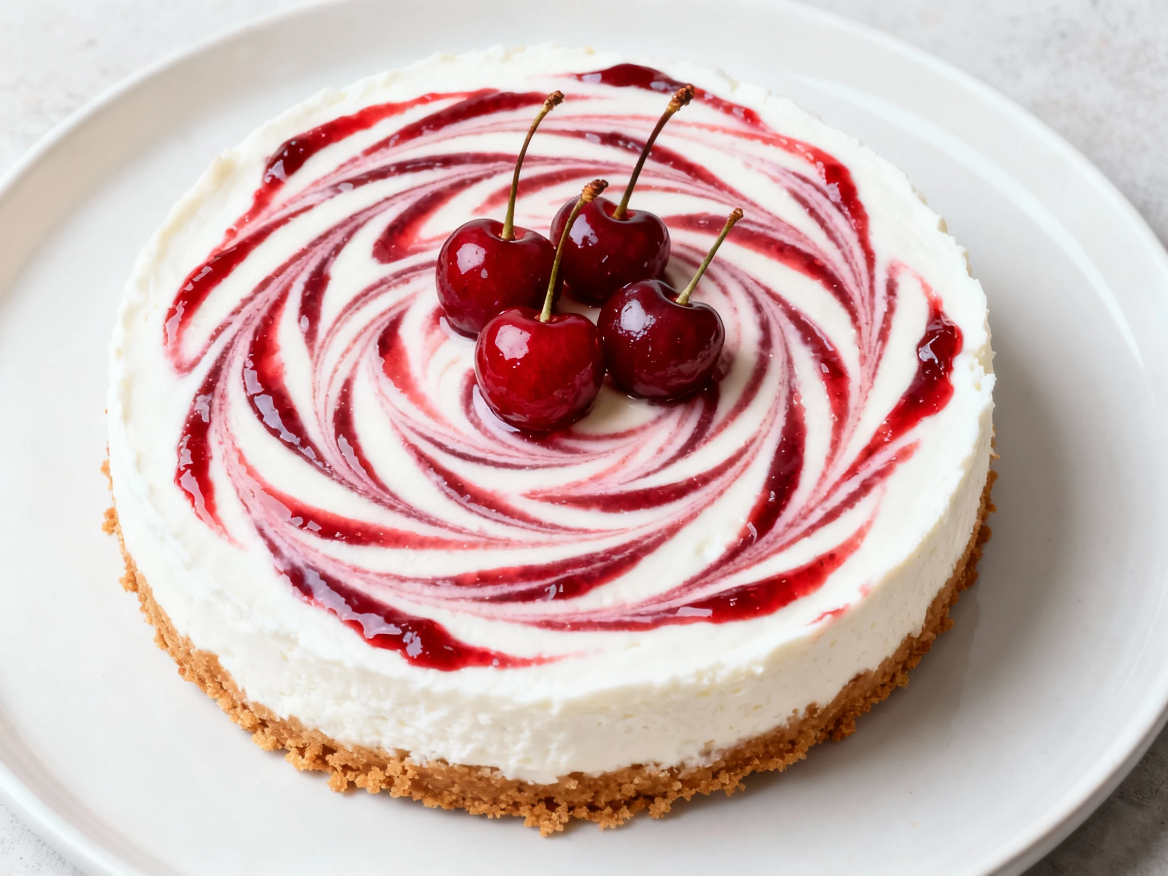 Food photography, Top-down view of classic cheesecake crowned with the cooked cherry filling: whole cherries in a lumino