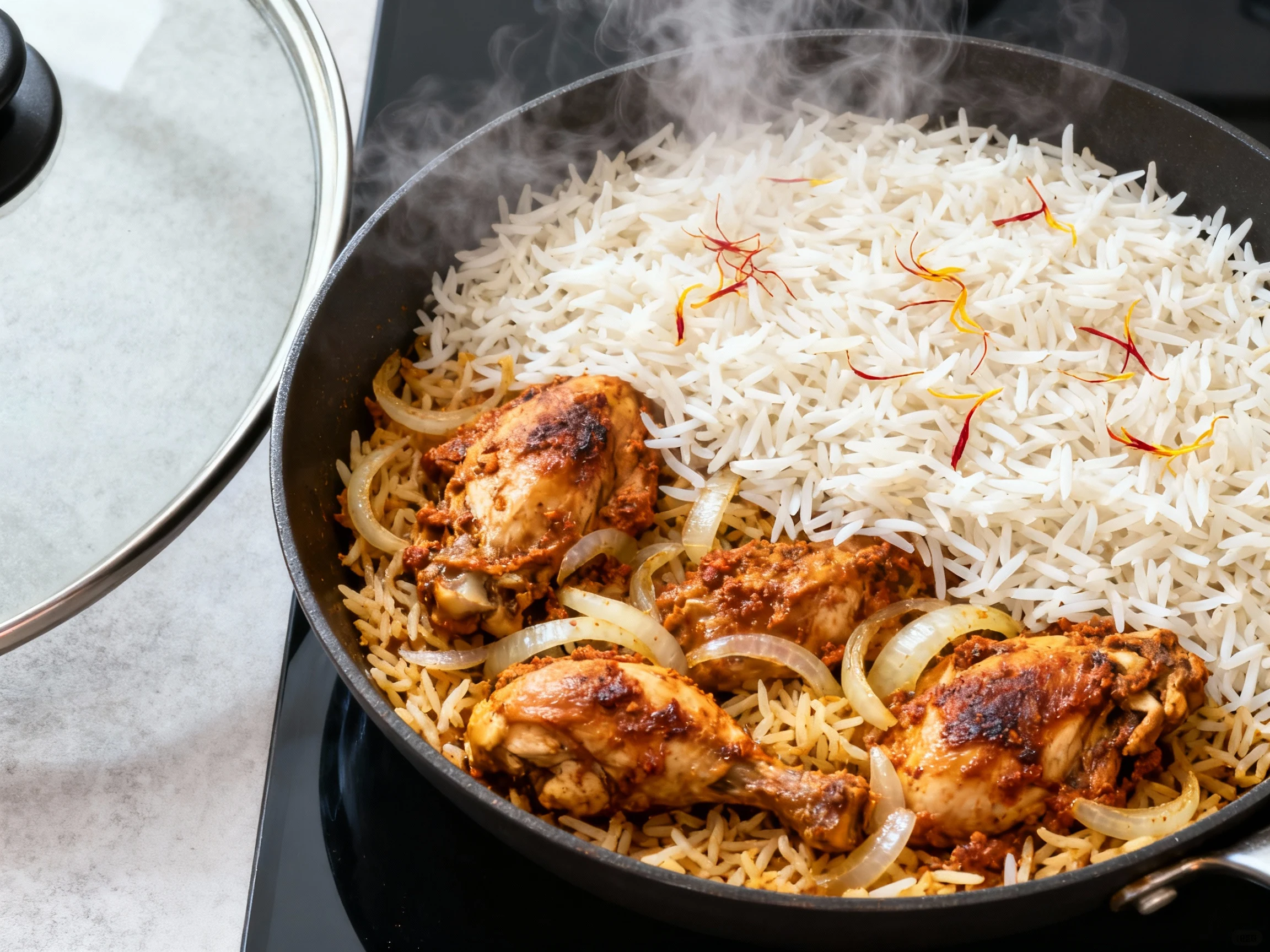 Food photography, Quick biryani-ish layered basmati being finished in a skillet; par-cooked rice layered over spiced chi