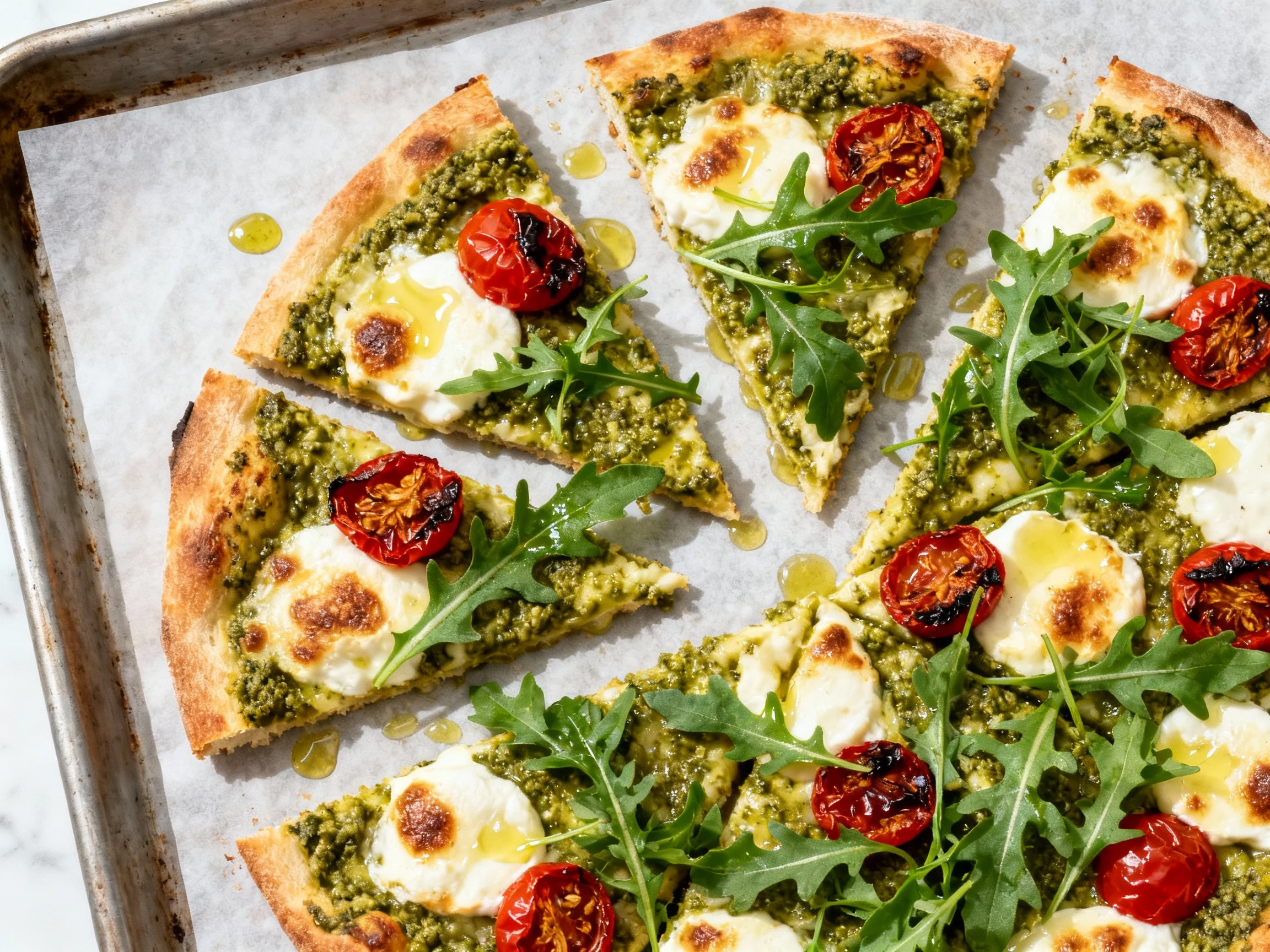 Food photography, Tasty top view: Pesto pizza with bubbly browned mozzarella and blistered cherry tomatoes, finished wit