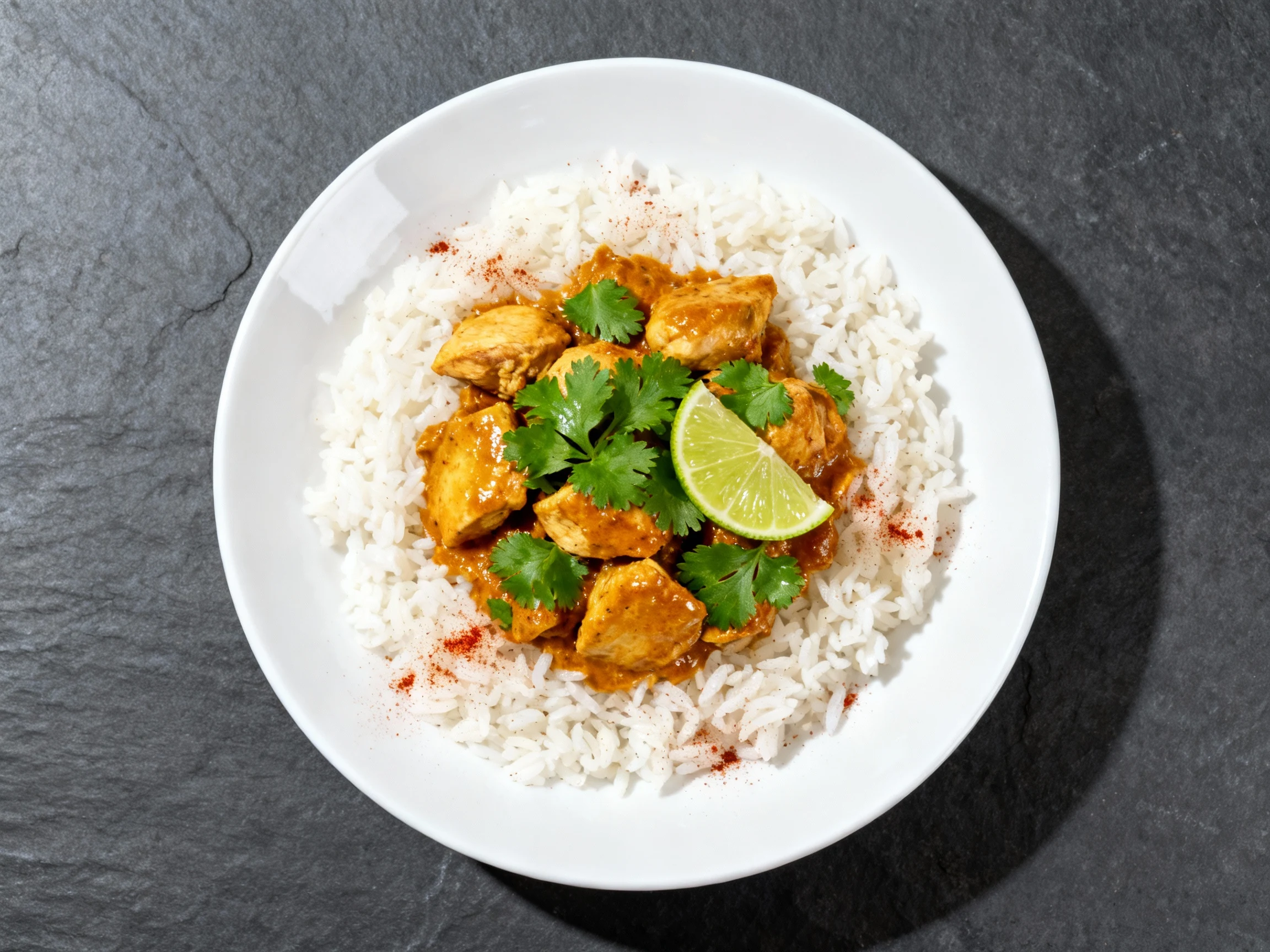Food photography, Overhead top-down of curry chicken and rice: neatly spooned saucy chicken, bright green cilantro, a gl