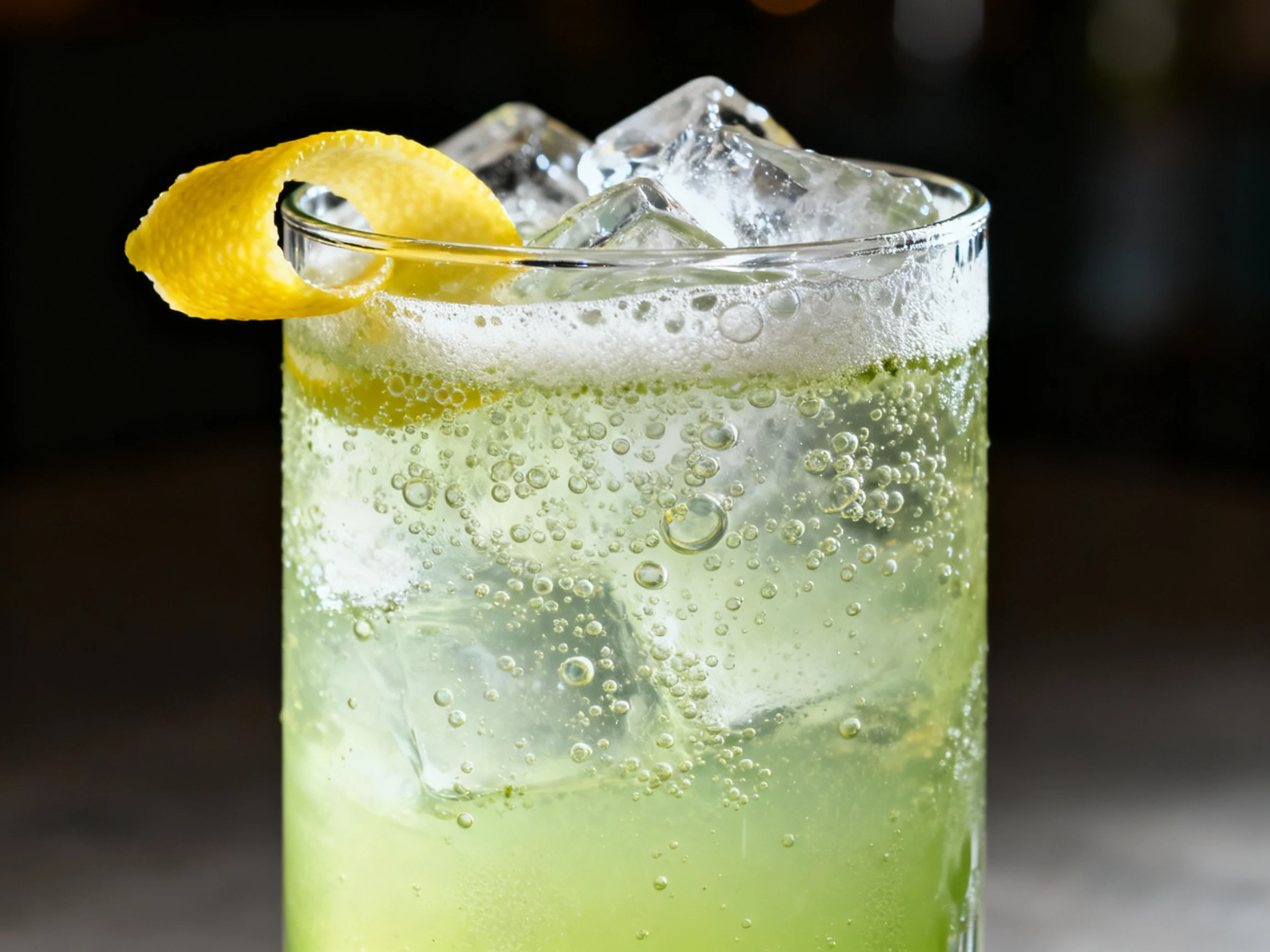 Food photography, 4. Close-up of Iced Honey-Lemon Matcha Sparkler in a chilled highball—effervescent bubbles rising thro