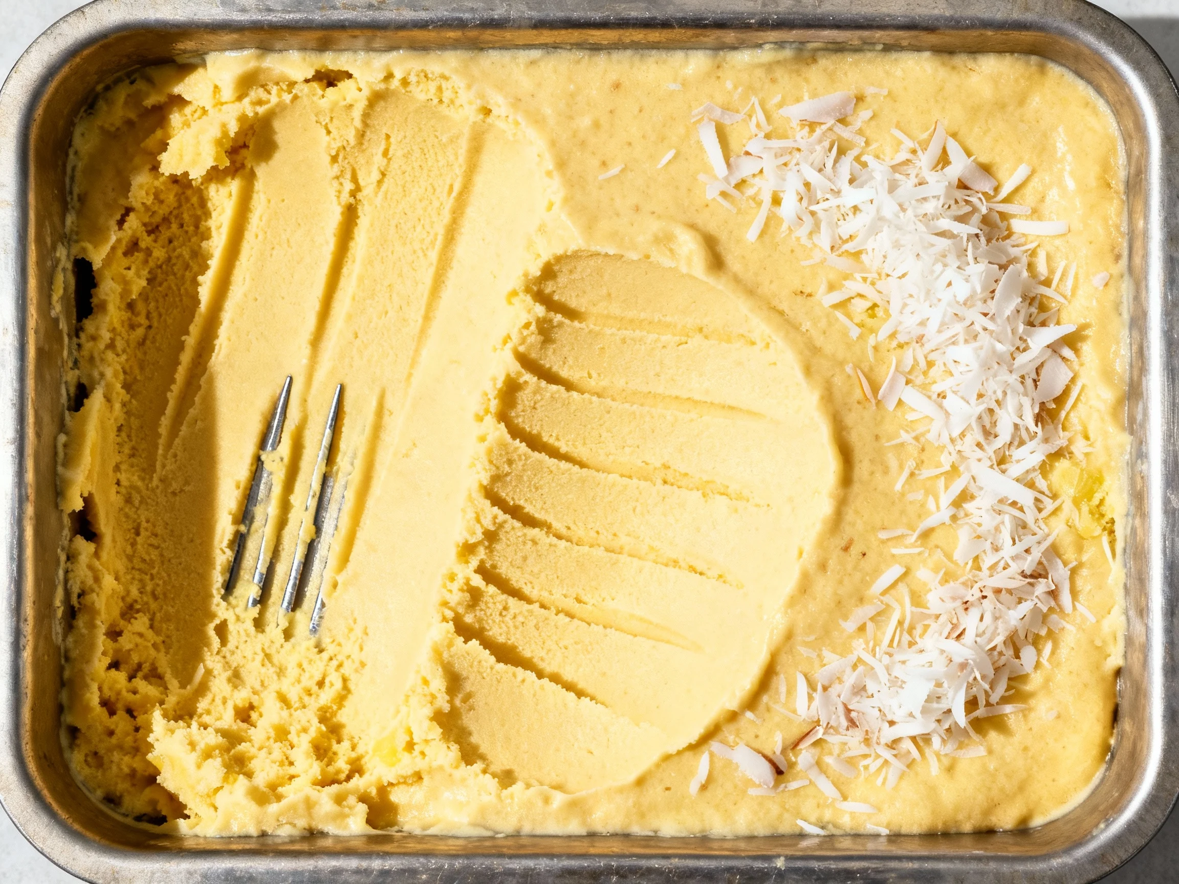 Food photography, No-churn pineapple-coconut sorbet in a shallow metal pan; semi-frozen base with visible fork tracks an