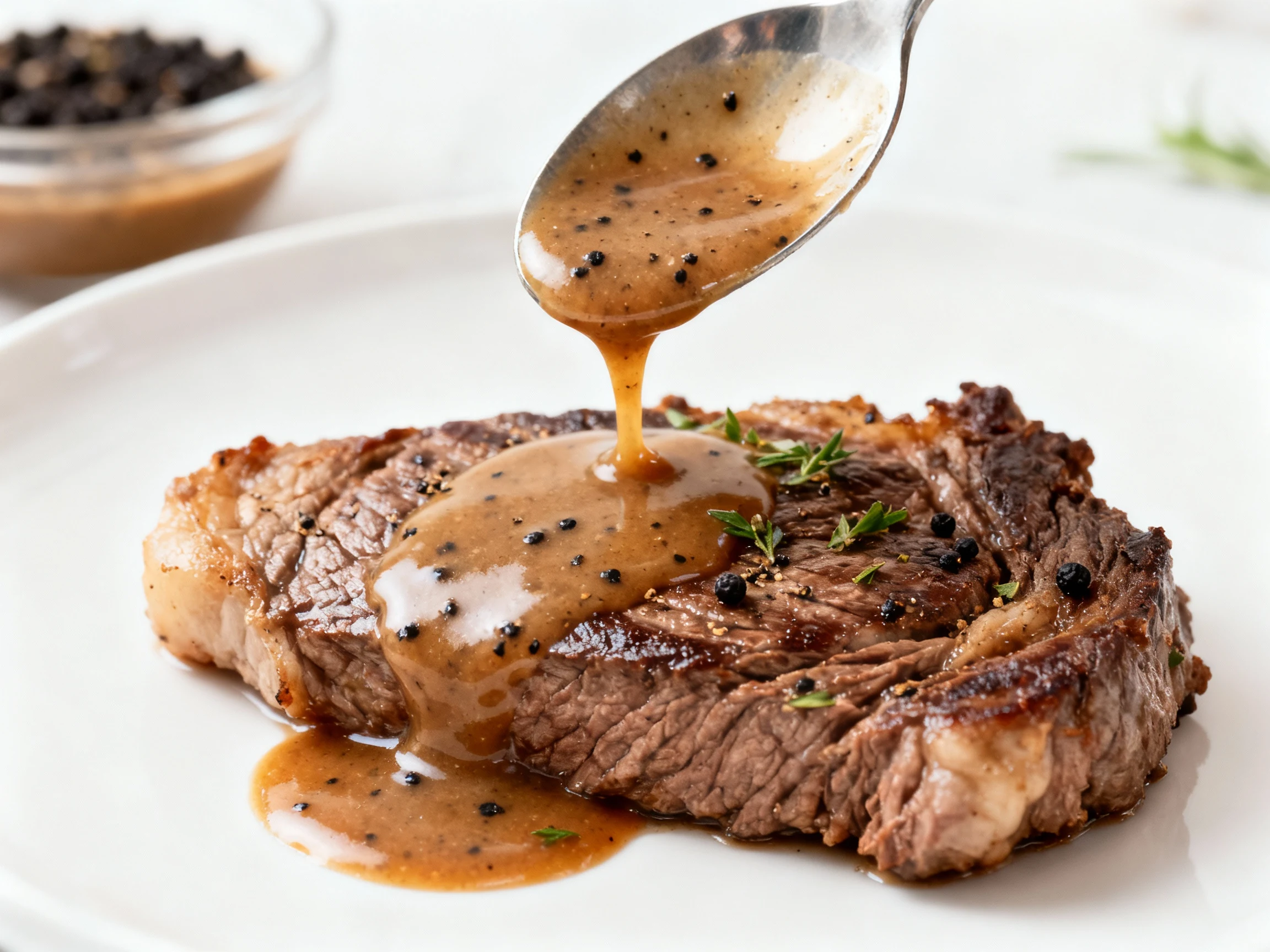 Food photography, Close-up detail of spoon-coating gravy being ladled over the tender beef, rich umami sheen from reduct