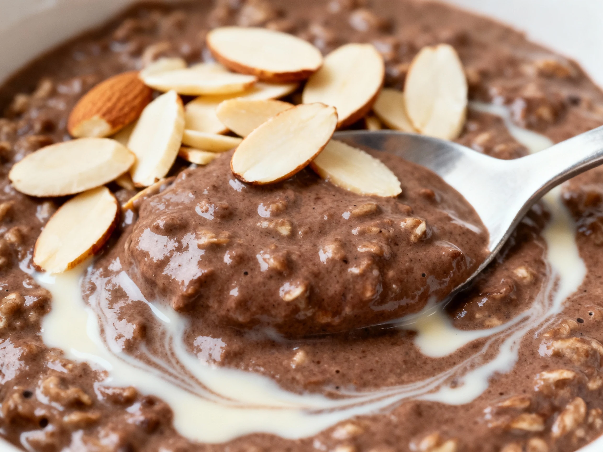 Food photography, Close-up detail: Mocha Protein oats with deep cocoa-espresso color and ultra-creamy texture, subtle va