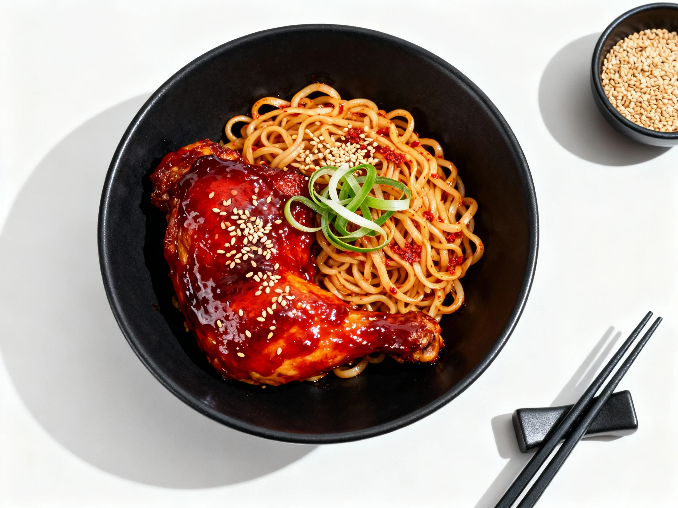 Food photography, Top-down of the spicy gochujang variant over chewy noodles, deep-red lacquered glaze on chicken, toast
