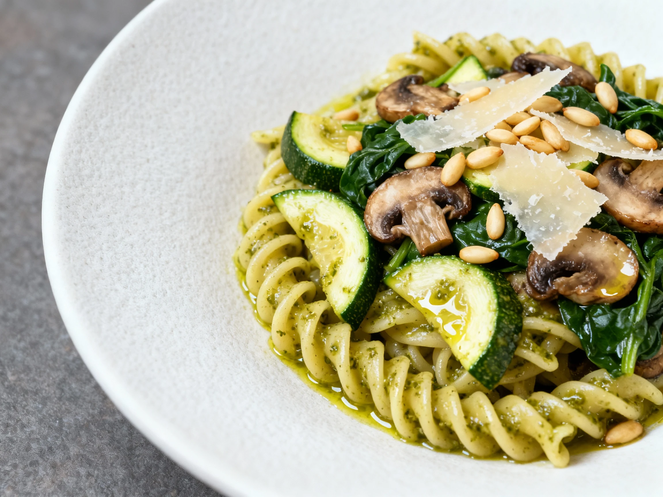 Food photography, Beautifully plated Pesto Primavera: twirled pasta with sautéed zucchini, mushrooms, and spinach, gloss