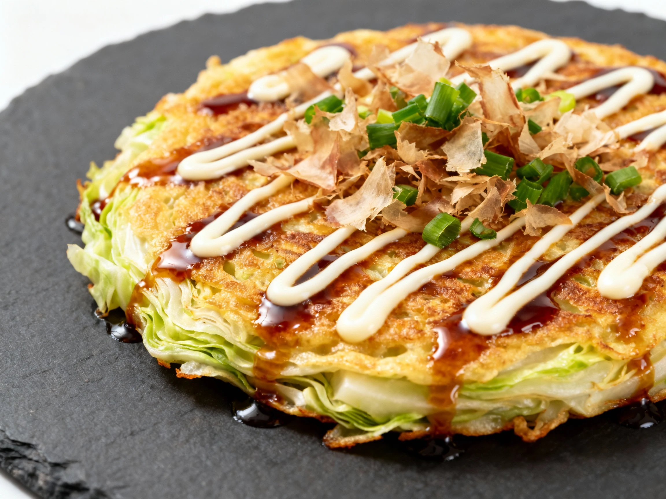 Food photography, Close-up detail: Okonomiyaki-style Napa cabbage pancake—golden crispy surface, zigzag mayo and soy dri