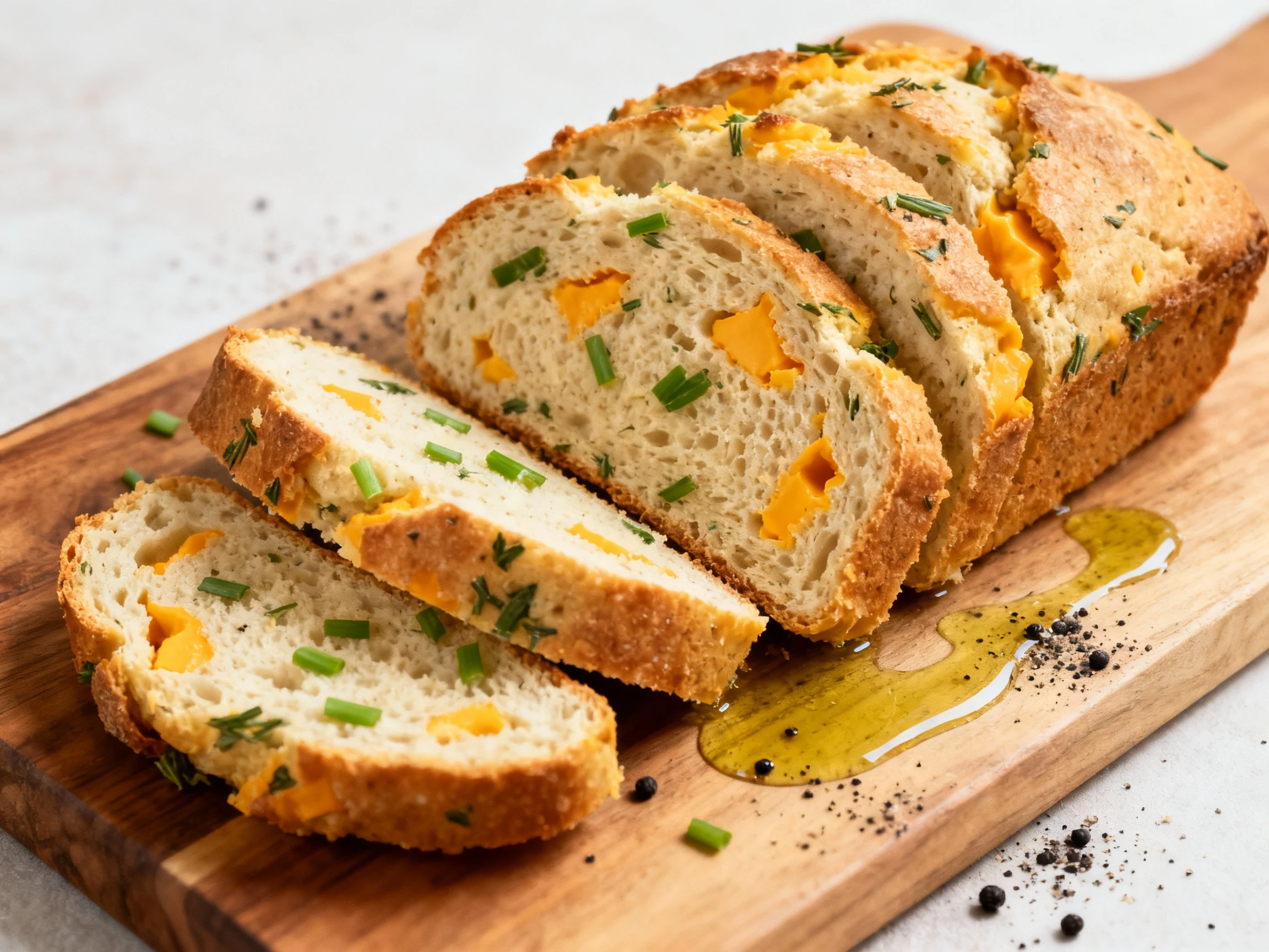 Food photography, Beautifully plated savory herb & cheddar coconut flour loaf: slices fanned on a wooden board, tender s