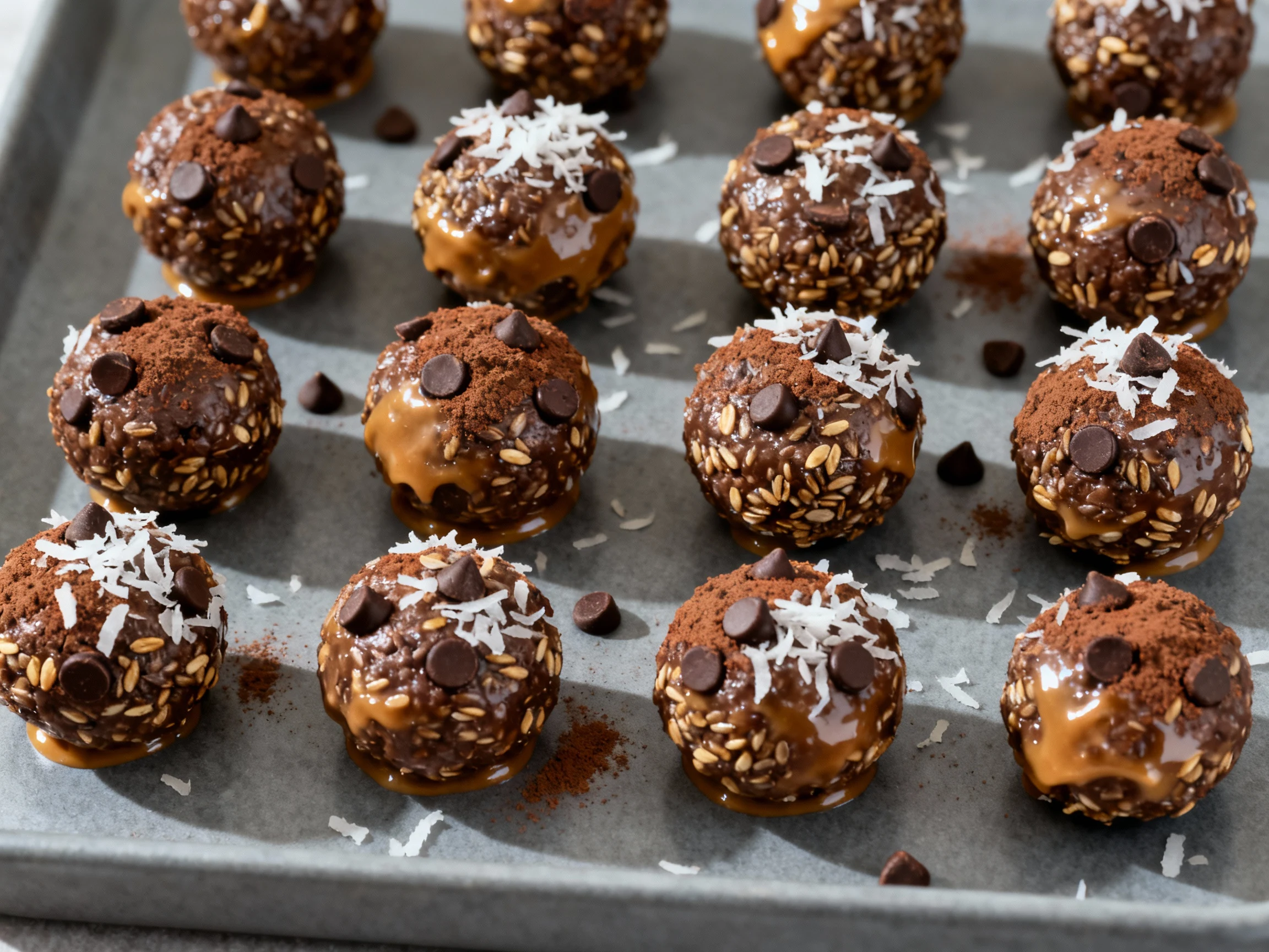 Food photography, 4. Overhead shot of no-bake cocoa flax energy bites arranged in a neat grid; 1-inch balls with glossy