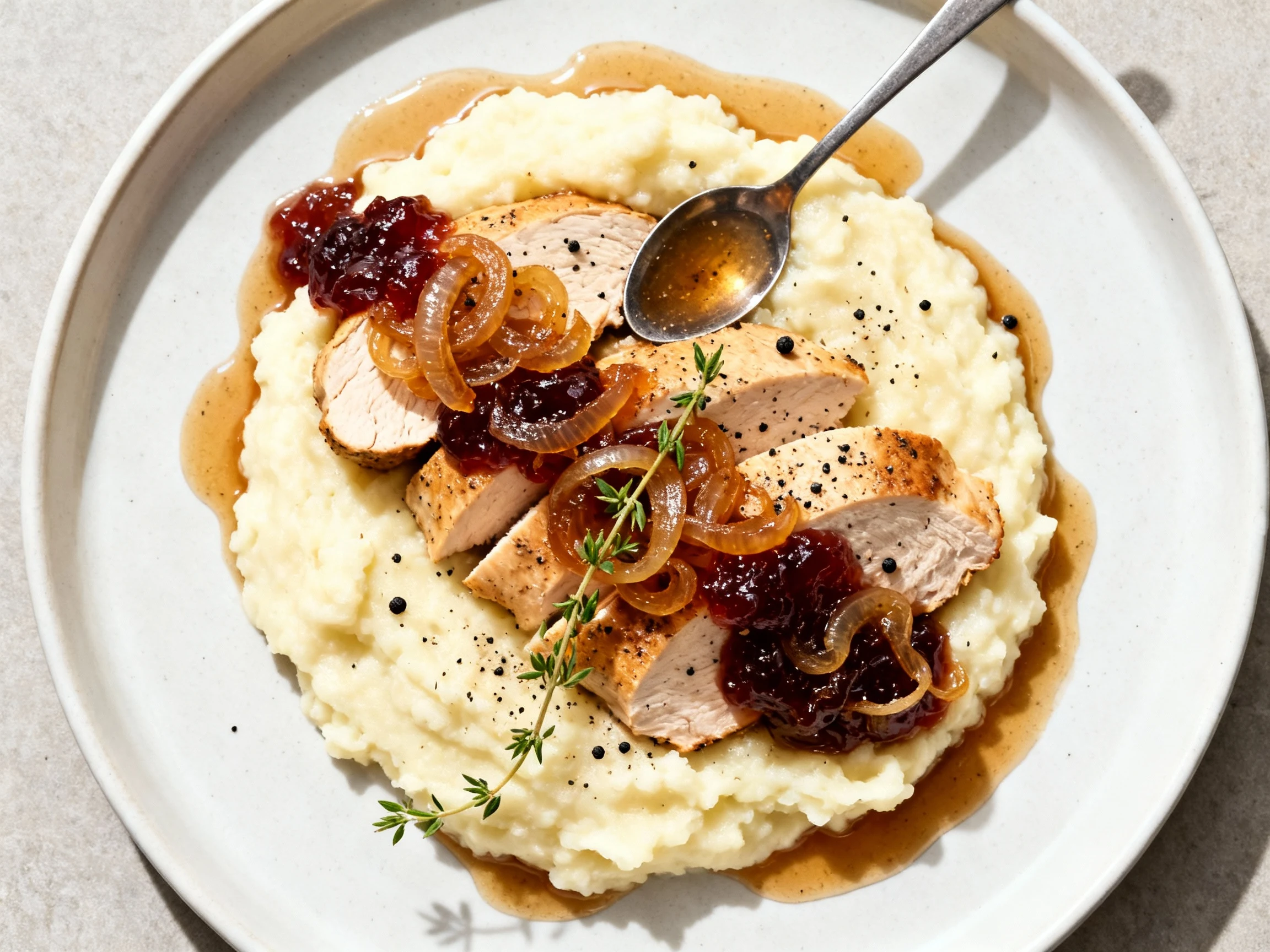 Food photography, Overhead shot: sliced chicken breast over creamy mashed potatoes, generous spoonfuls of caramelized on