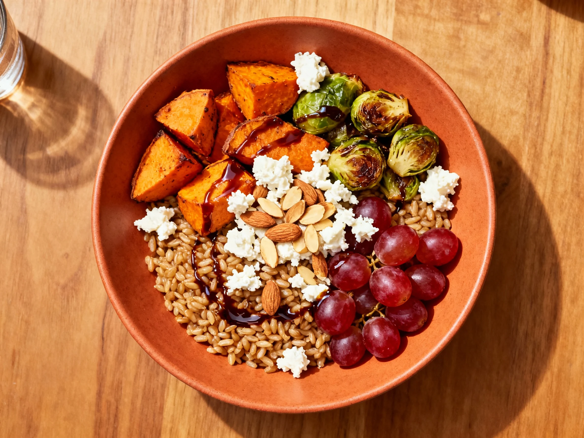 Food photography, Overhead Autumn Harvest farro bowl: roasted sweet potatoes, Brussels sprouts, and red grapes over farr