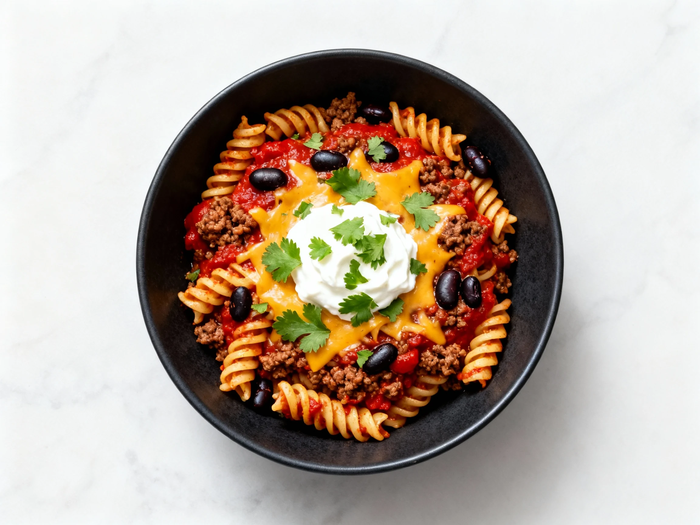 Food photography, 4. Tasty top view: Overhead of Taco Mac crockpot pasta—rotini with saucy ground beef and black beans, 