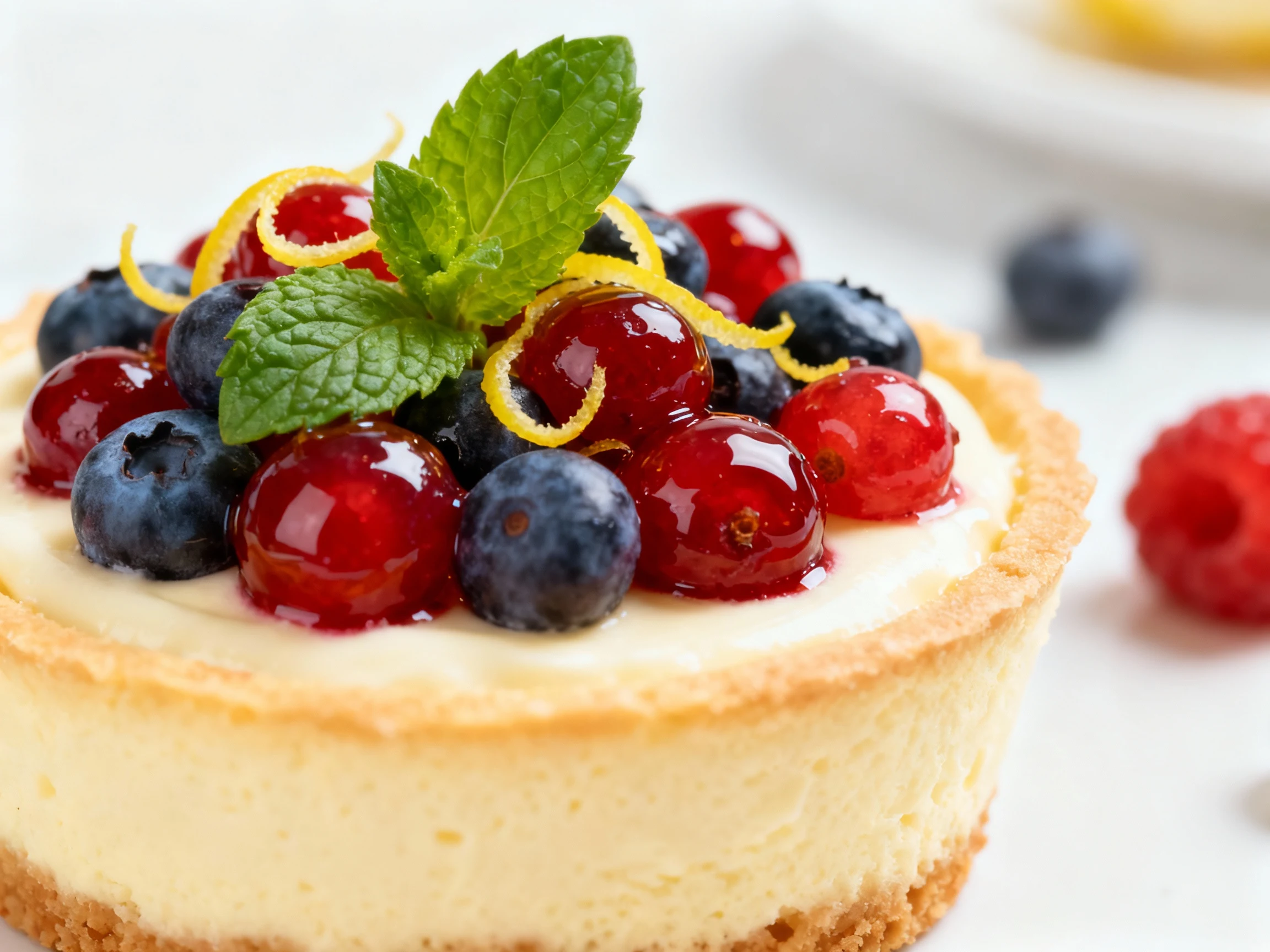 Food photography, 4. Close-up detail of a cheesecake cup top: glossy mixed berries lightly honey-tossed, vibrant reds an