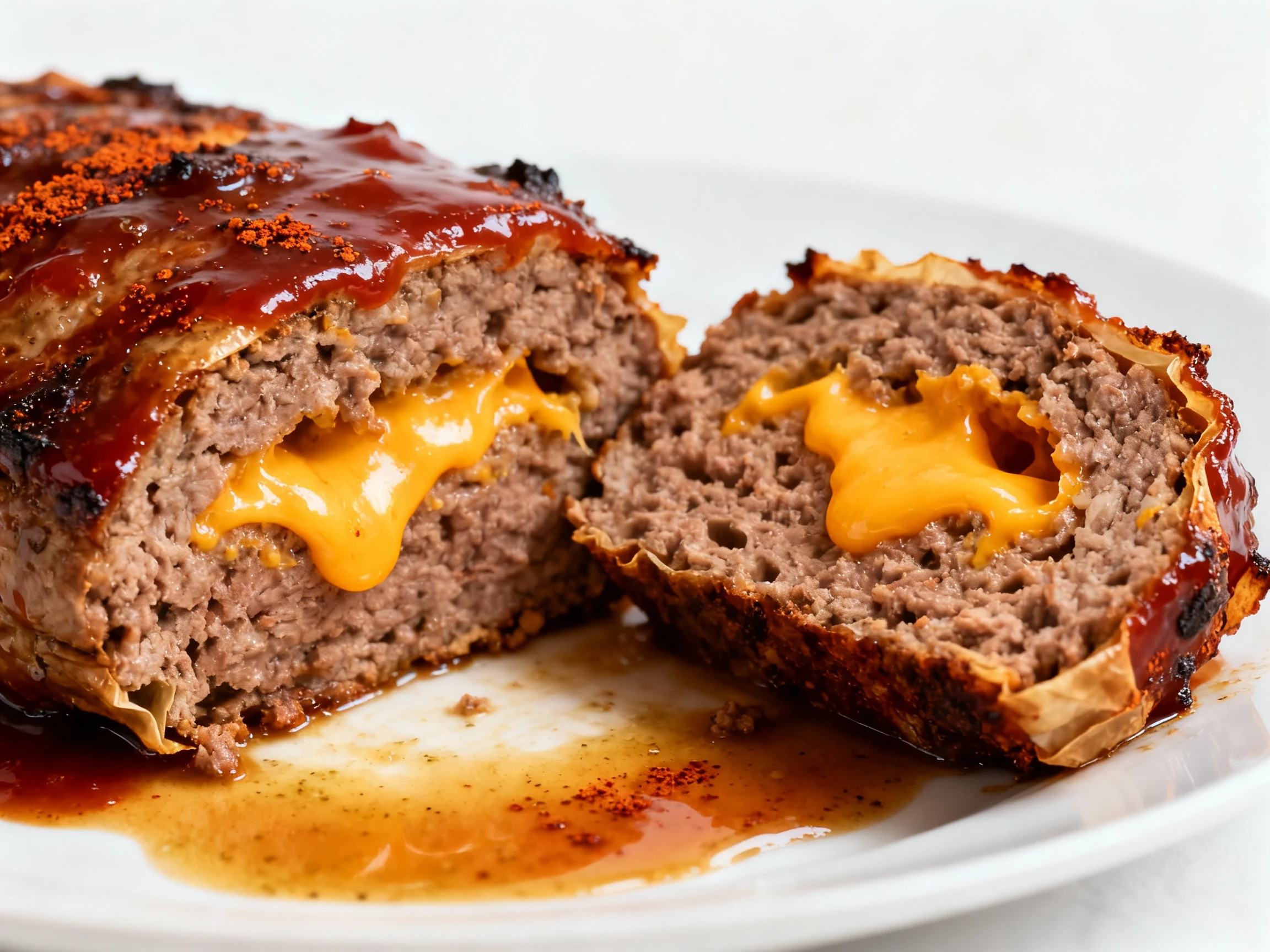 Food photography, 4. Close-up cross-section of cheddar-stuffed meatloaf variation, molten pockets of sharp cheddar insid