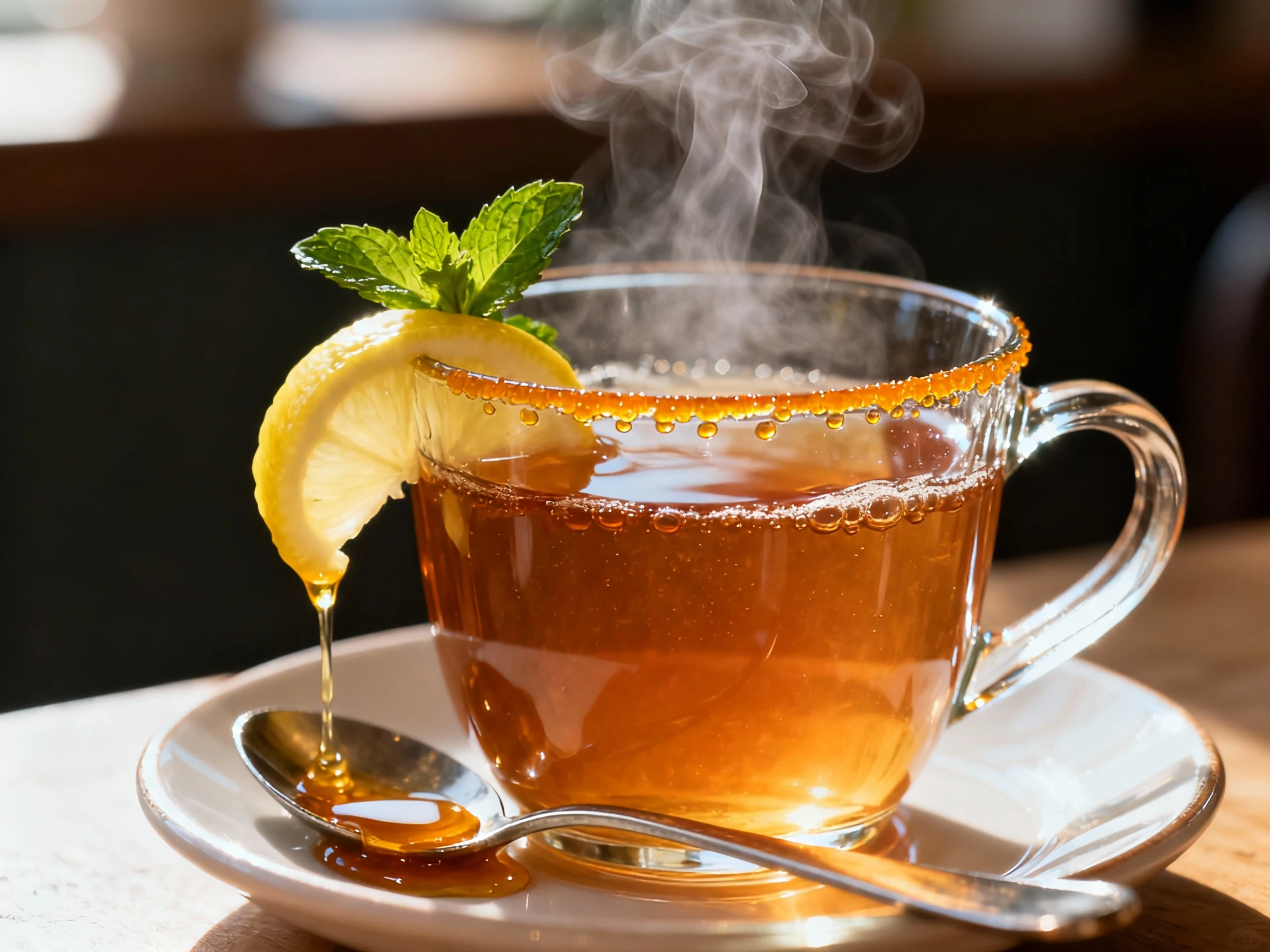 Food photography, Close-up of steaming peppermint–lemon honey tea in a clear glass mug; amber liquid with a citrus oil s