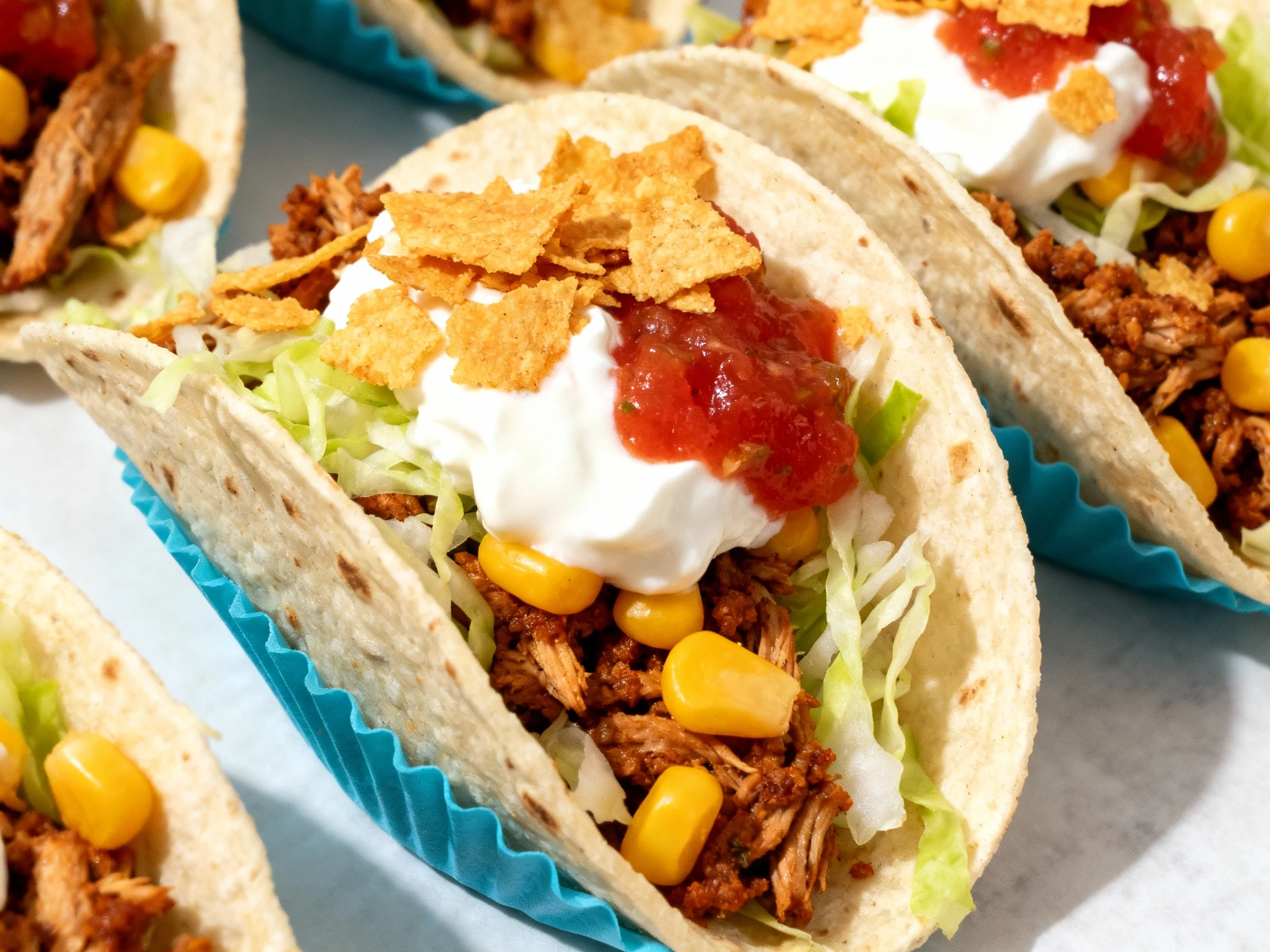 Food photography, 4. Close-up detail: mini tortillas from the Taco Crunch Box filled with taco-seasoned turkey, shredded