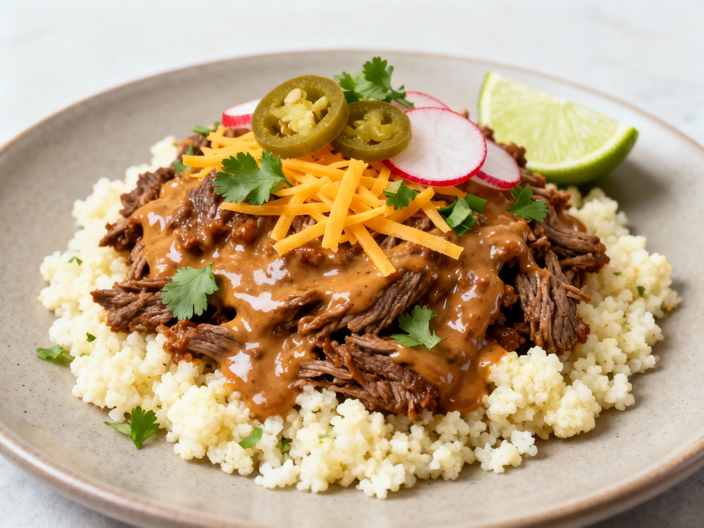 Food photography, Final plated serving over cauliflower rice: creamy taco beef piled high, glossy sauce, shredded chedda