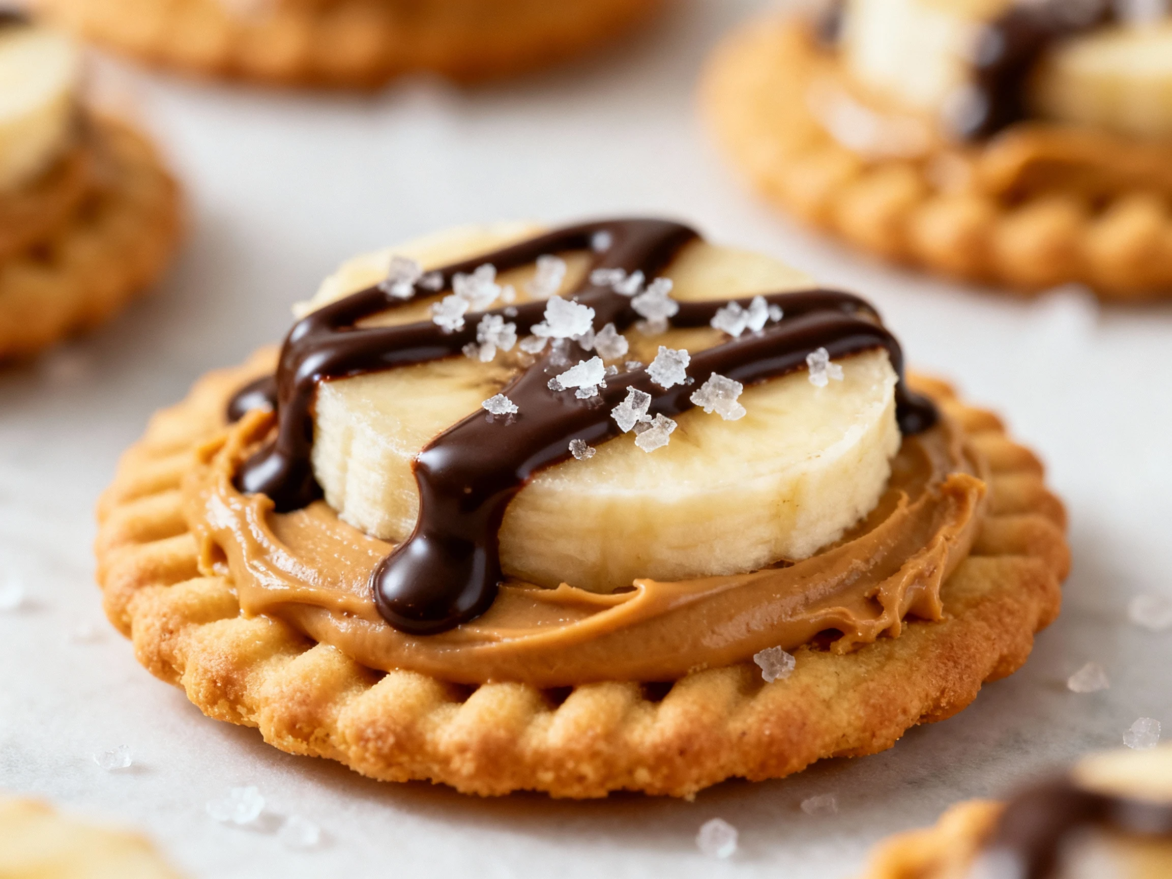 Food photography, Macro close-up of a sweet Ritz bite—creamy peanut butter base, thin banana slice, glossy dark chocolat