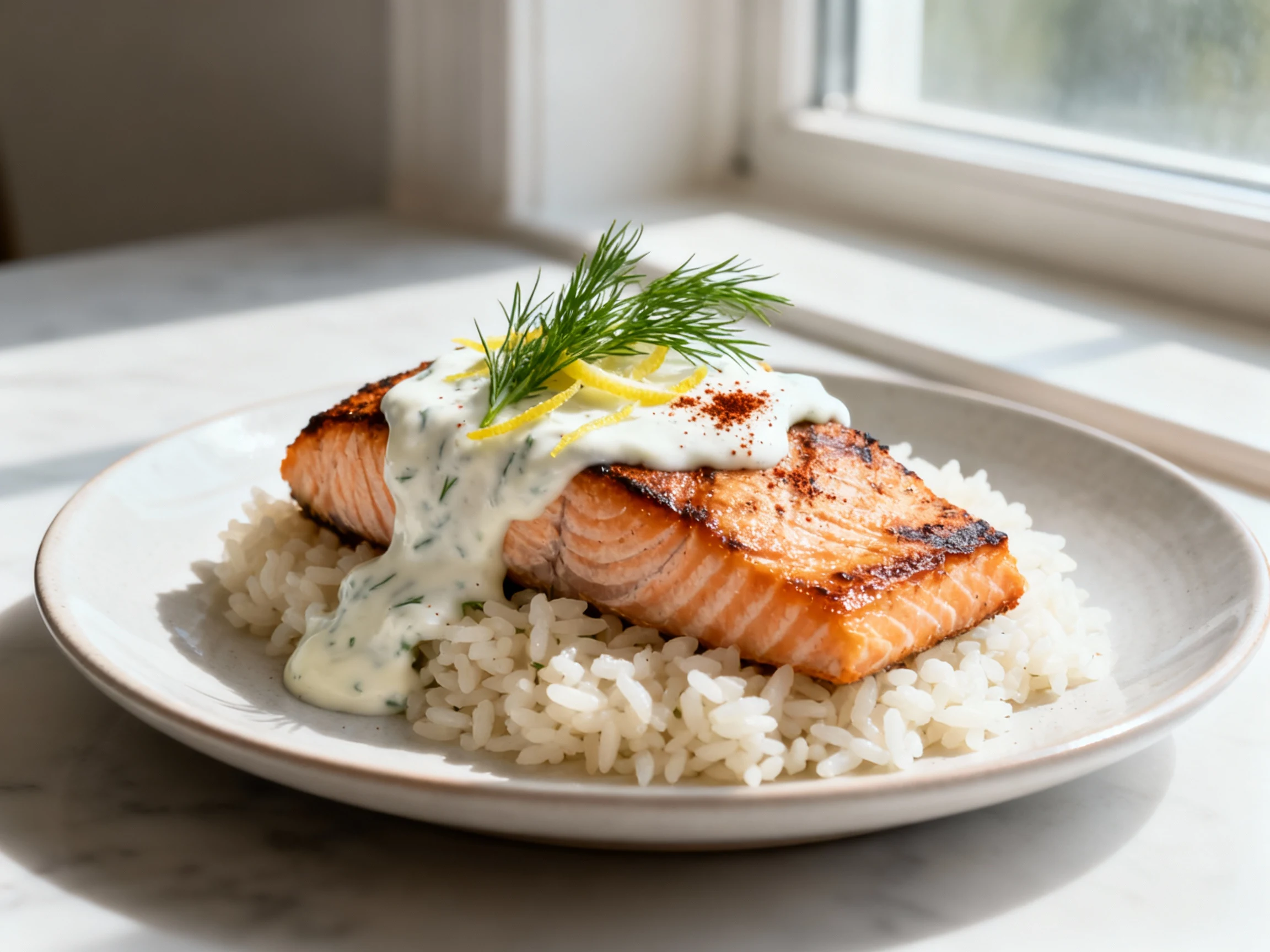 Food photography, 4. Lemon-dill salmon variation: seared salmon fillet over fluffy rice with tangy sour-cream sauce drap