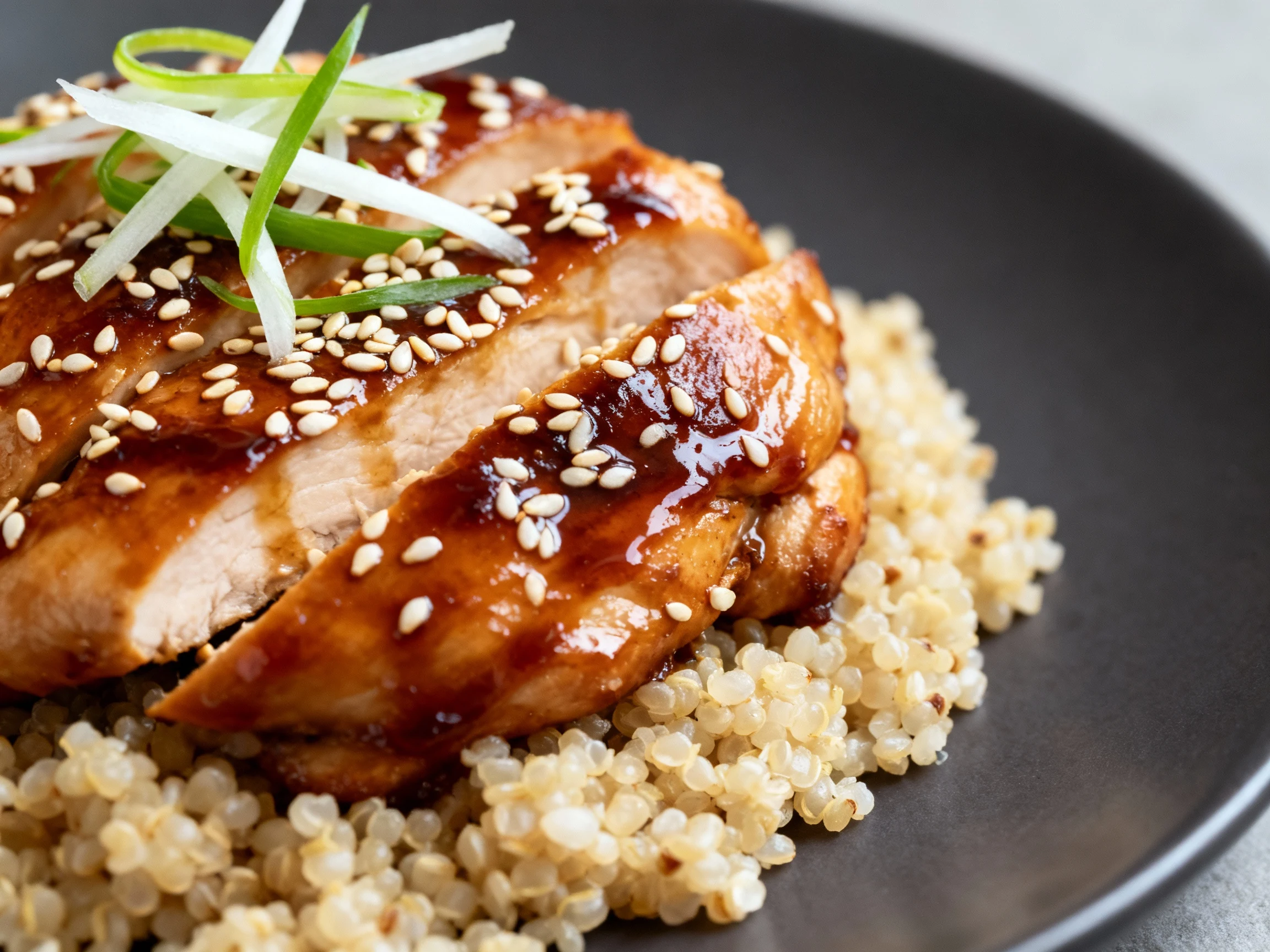 Food photography, Close-up detail: Teriyaki Sesame chicken, glistening soy-brown glaze, sesame seeds and thinly sliced s