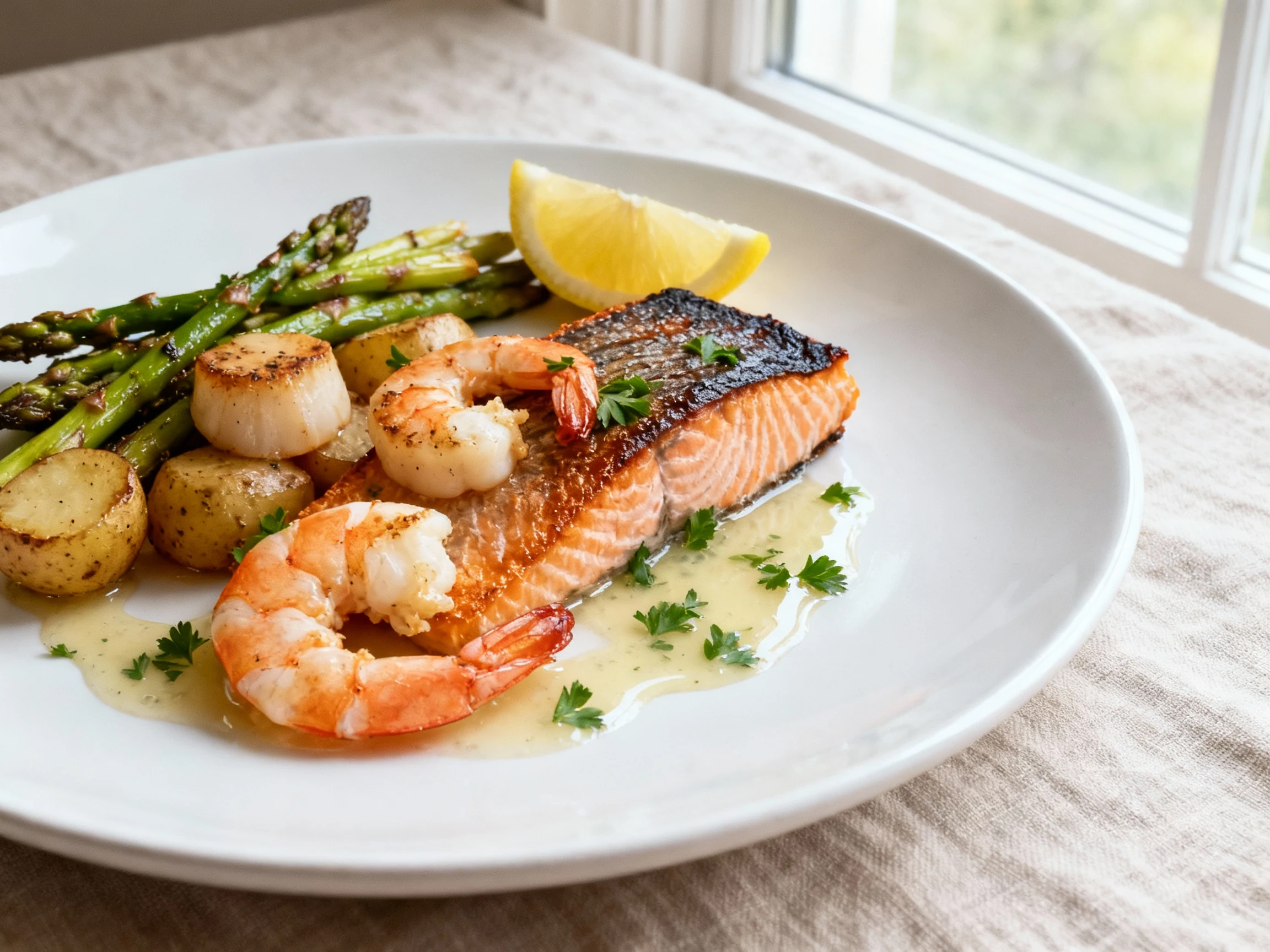 Food photography, Final plated dish: crispy-skin salmon with fanned shrimp and scallops, roasted asparagus and potatoes,