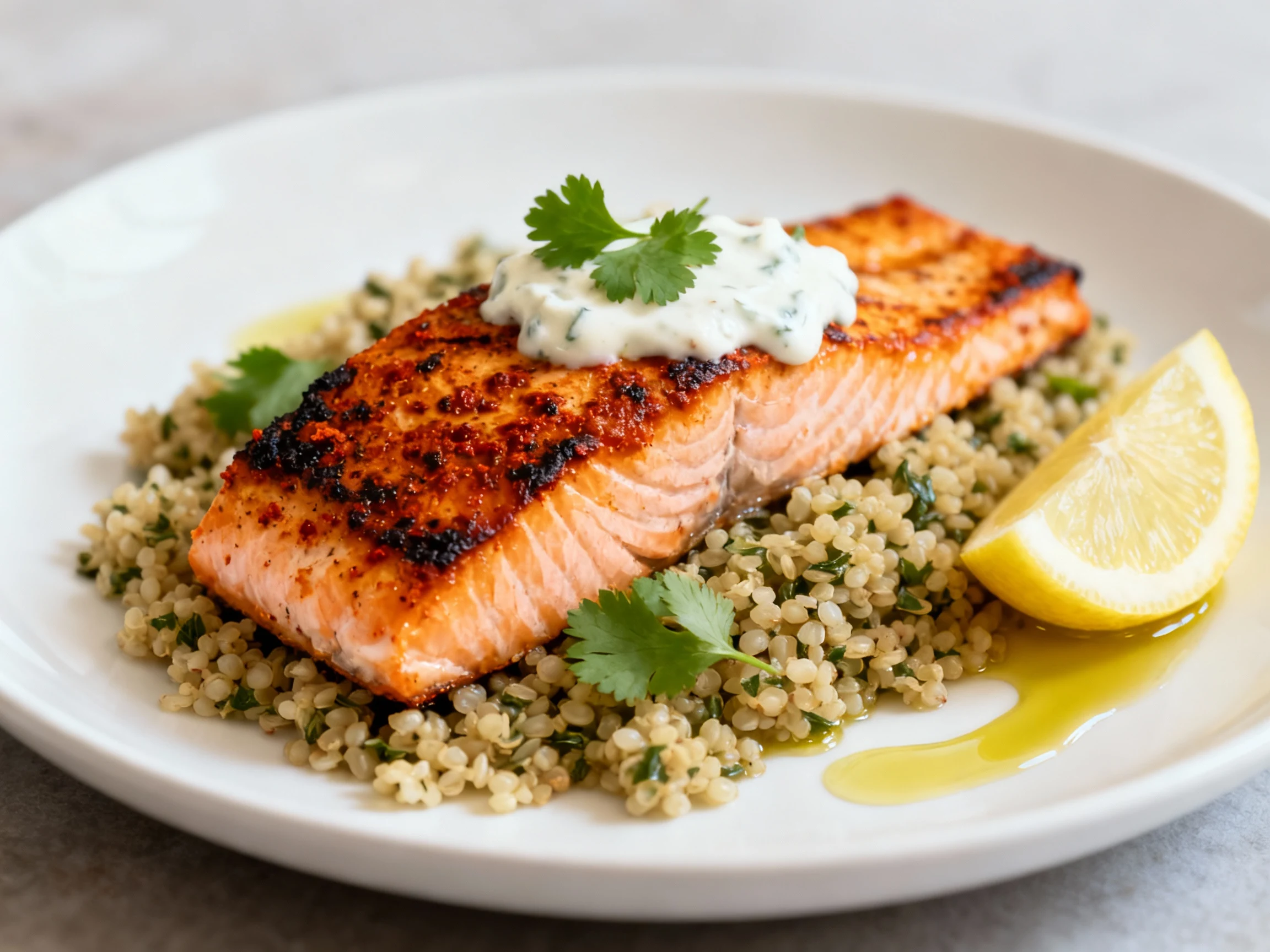 Food photography, 4. Beautifully plated harissa-yogurt salmon with a blush-charred crust, served over herbed quinoa with