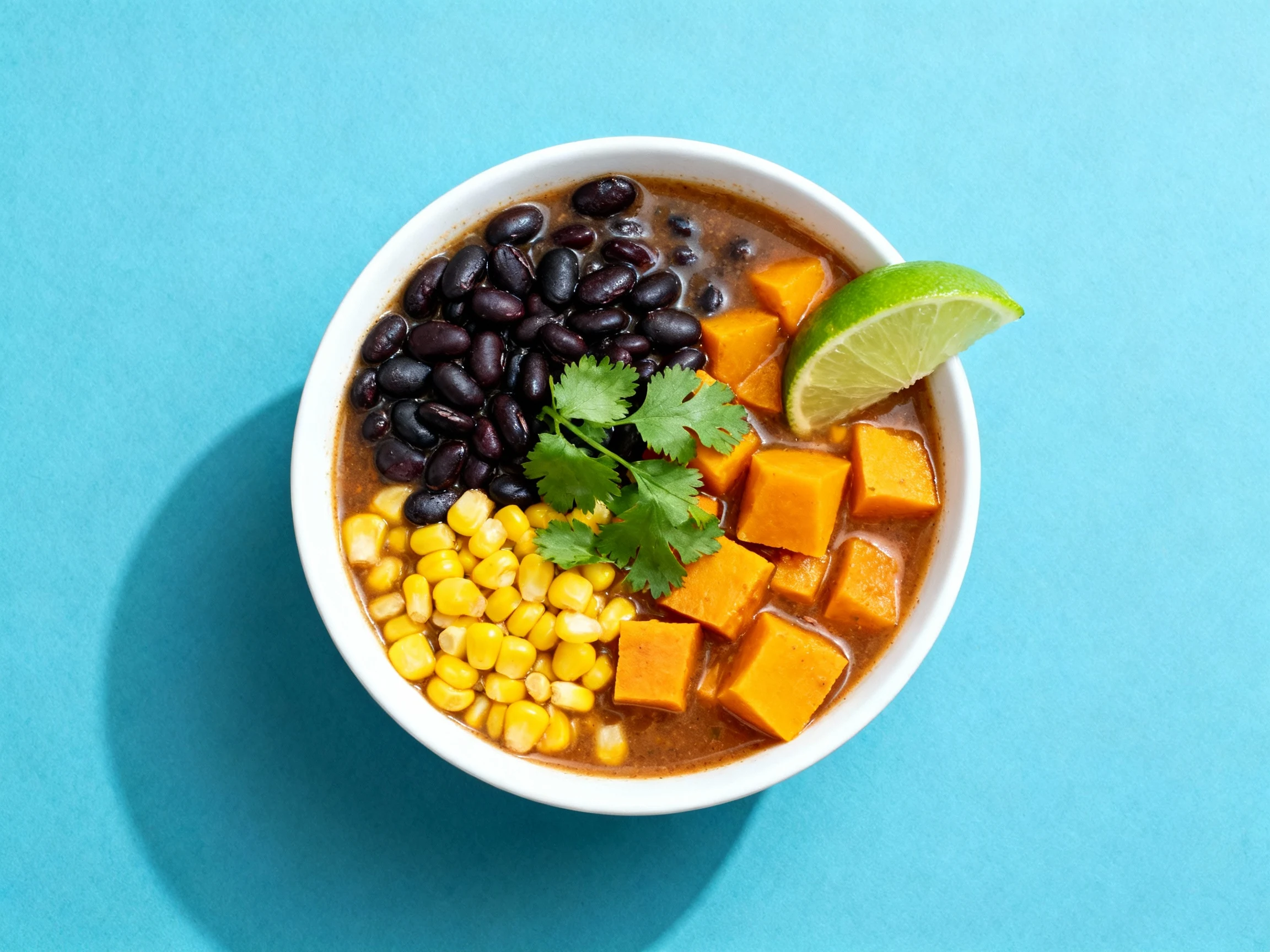 Food photography, 4. Overhead shot of Nicoya trio variation: black beans, corn, and diced squash in savory broth, garnis