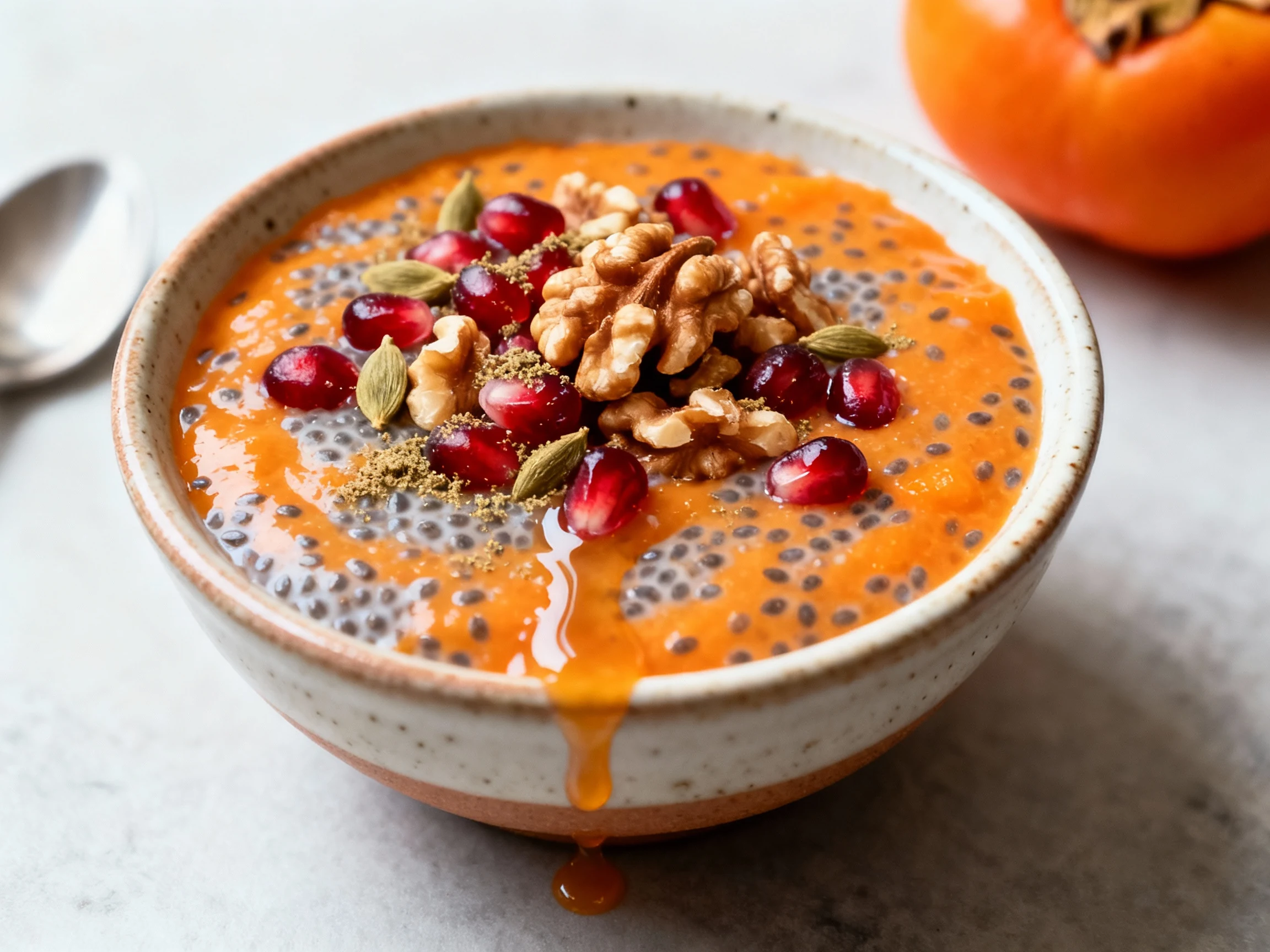 Food photography, Close-up of Hachiya persimmon chia pudding in a small ceramic bowl, custardy orange base studded with 