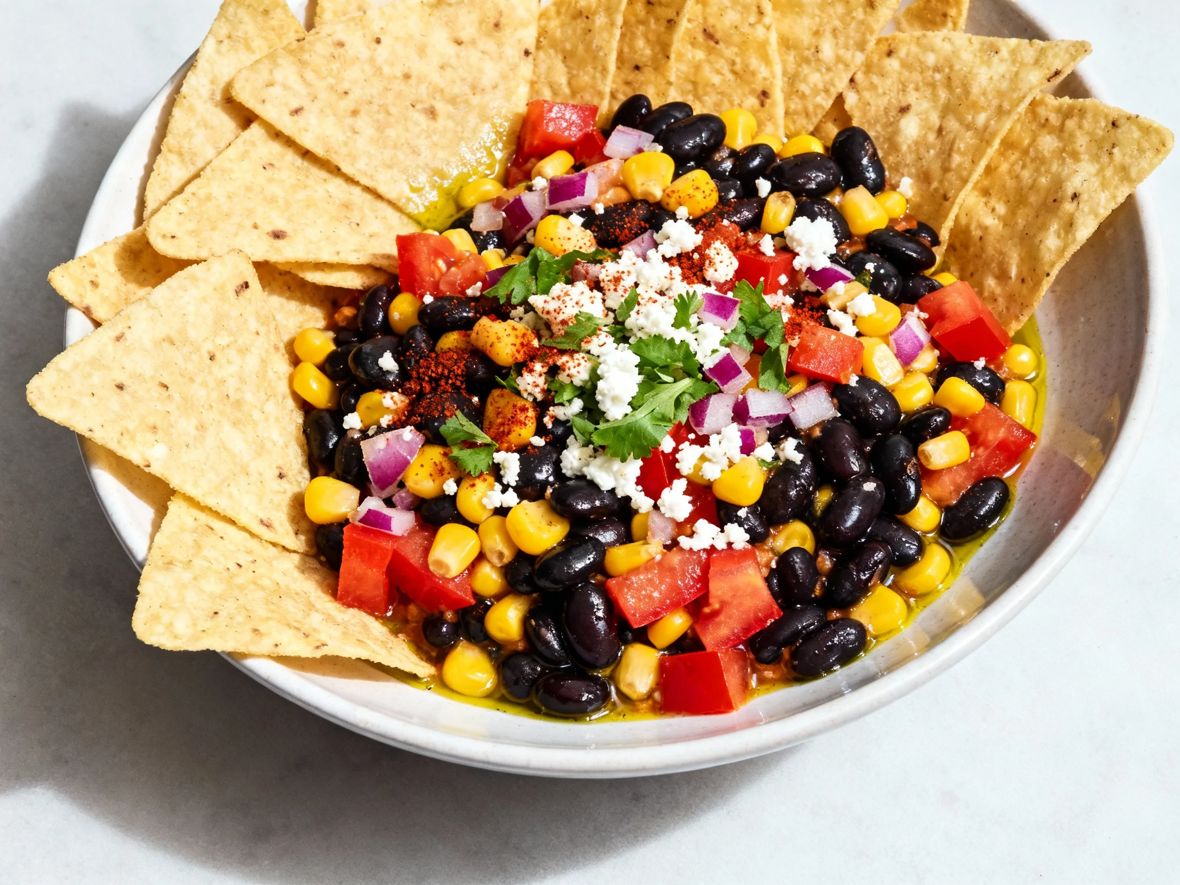 Food photography, Overhead shot of Bean & Corn Fiesta Dip in a wide, shallow serving bowl: glossy black beans, sweet cor