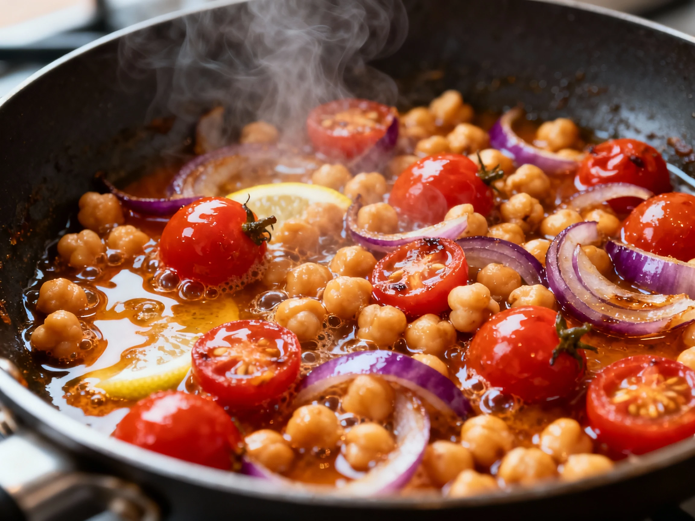 Food photography, 4. Cooking process: chickpeas and cherry tomatoes sizzling with lightly caramelized red onion as a lem