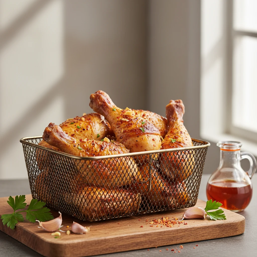 Food photography, Air fryer finish: cooked thighs and drumsticks in the basket, evenly browned and crisp, glaze sheen wi