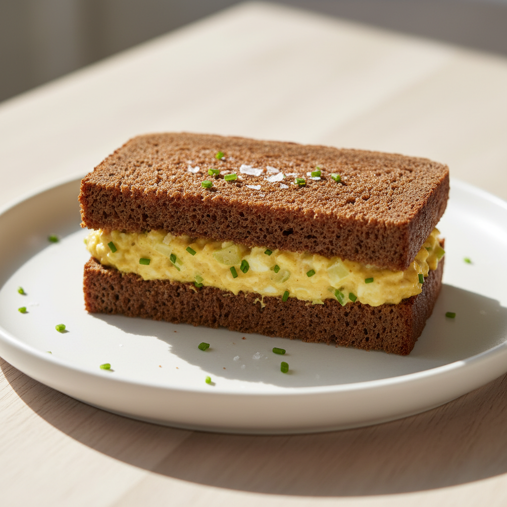 Food photography, Close-up detail: curried egg salad and chives finger sandwich on rye—ultra-neat trimmed edges after ch