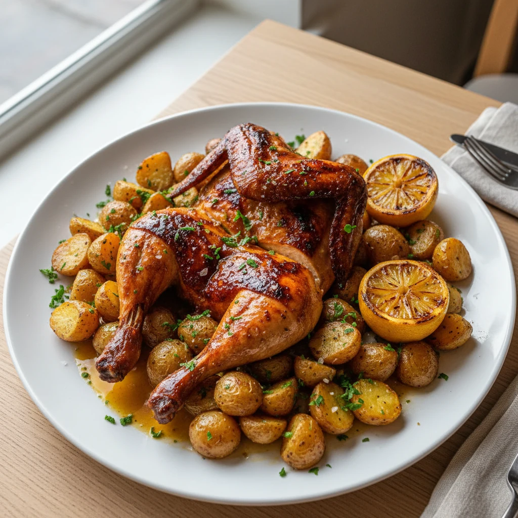 Food photography, Final platter: carved piri-piri chicken with roasted potatoes, chopped parsley and sea salt flakes, ro