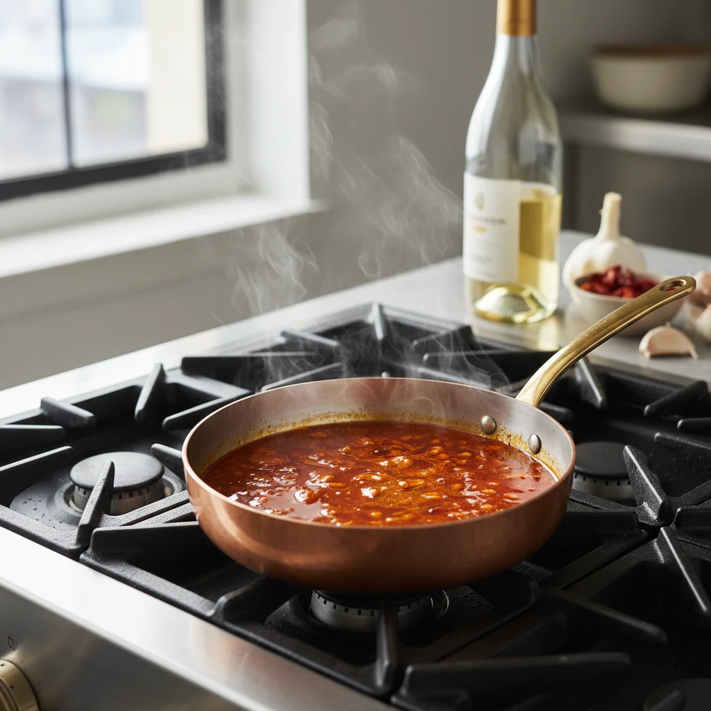 Food photography, Sauce process: small saucepan of piri-piri glaze simmering with white wine, glossy red-orange hue with