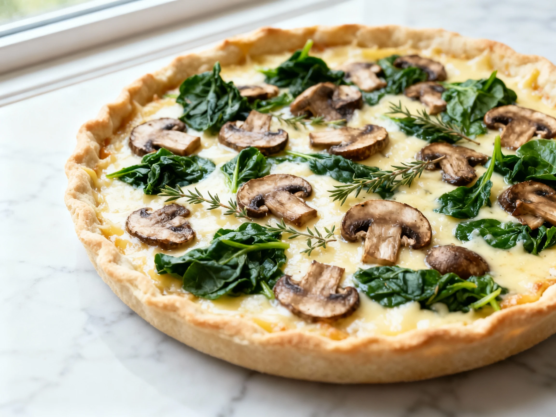 Food photography, Close-up of par-baked 9-inch crust layered with melted Gruyère and cooked cremini mushrooms + thyme, w