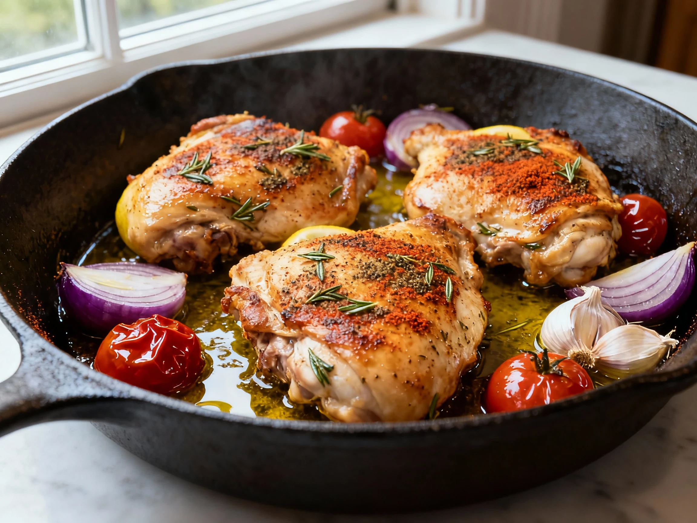 Food photography, Lemon-oregano chicken thighs searing in a cast-iron skillet—golden-brown crust, paprika-cumin rub, glo