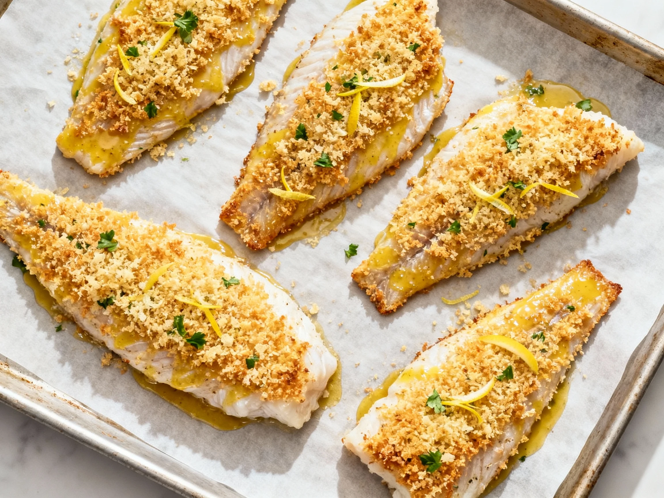 Food photography, Overhead shot of crumb-topped haddock fillets baking on a parchment-lined sheet pan at 425°F, evenly s