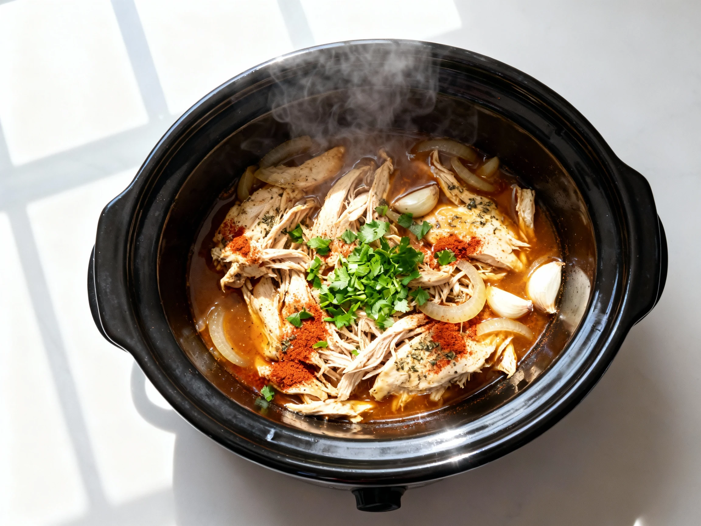 Food photography, Overhead shot of cooked shredded chicken in a slow cooker, paprika-and-oregano stained juices with sof