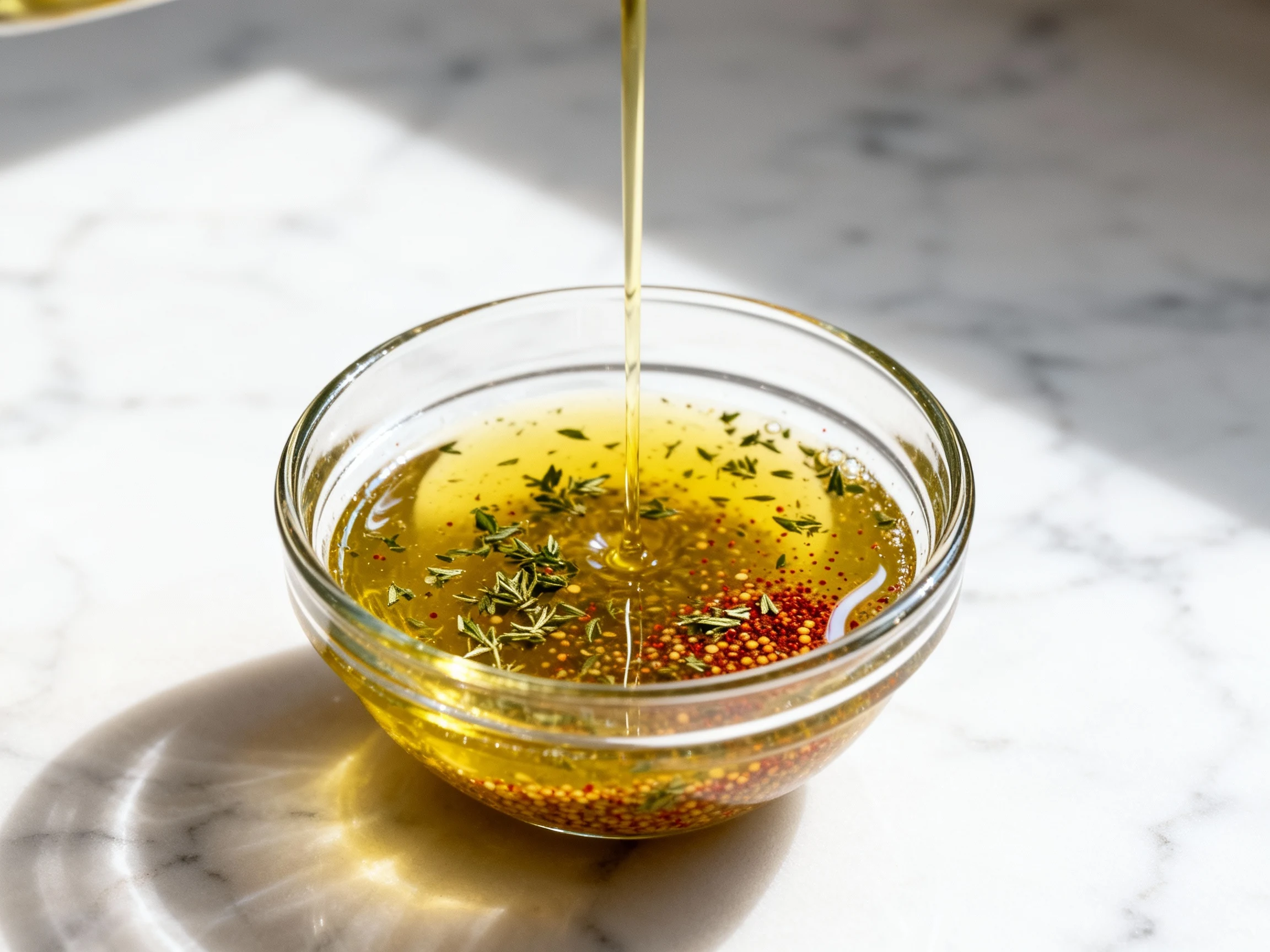 Food photography, Lemon-oregano dressing emulsifying in a small glass bowl, thin stream of olive oil pouring in, flecks 