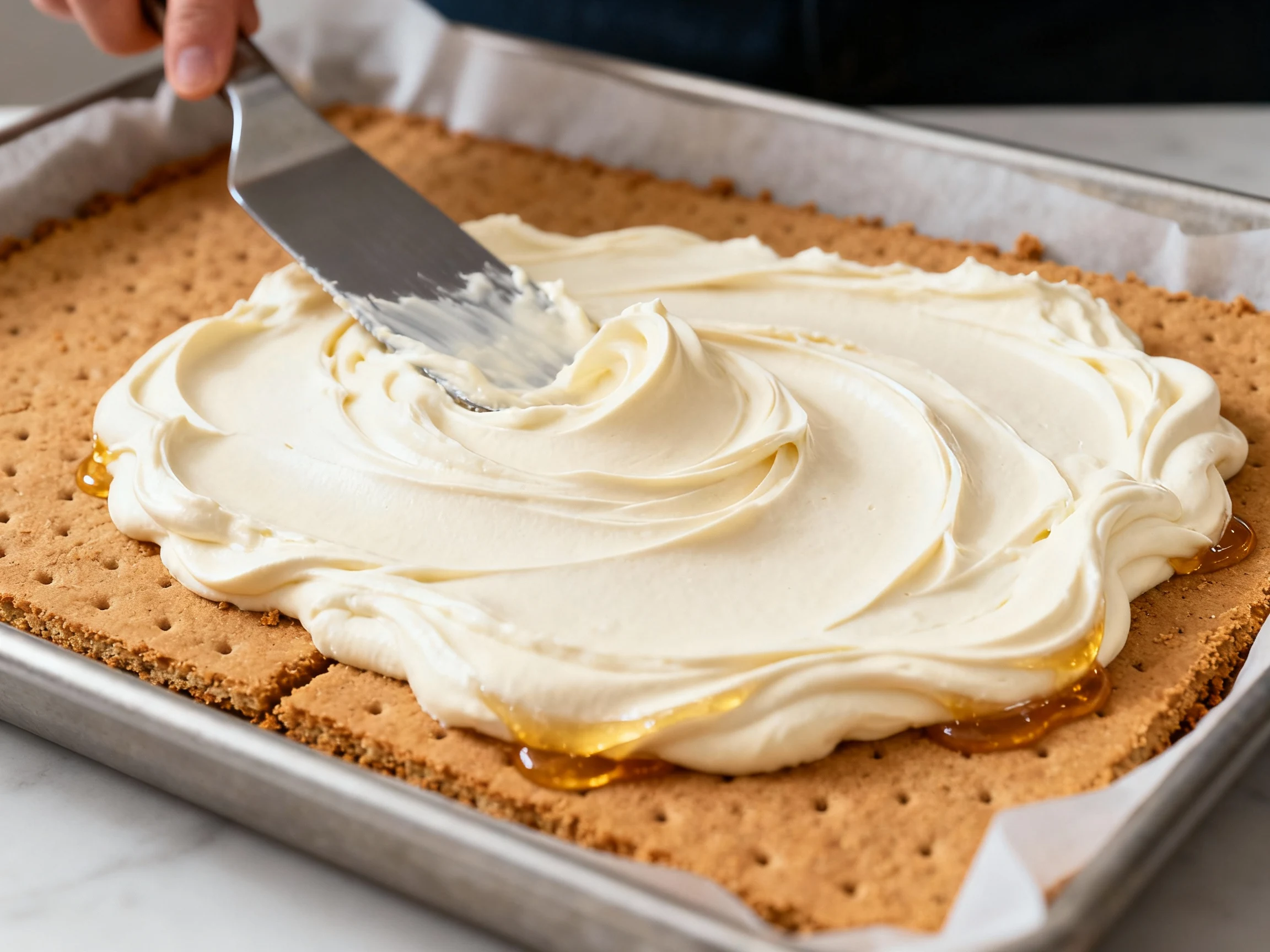 Food photography, Close-up process: offset spatula smoothing cloud-like stabilized vanilla cream over a graham cracker l