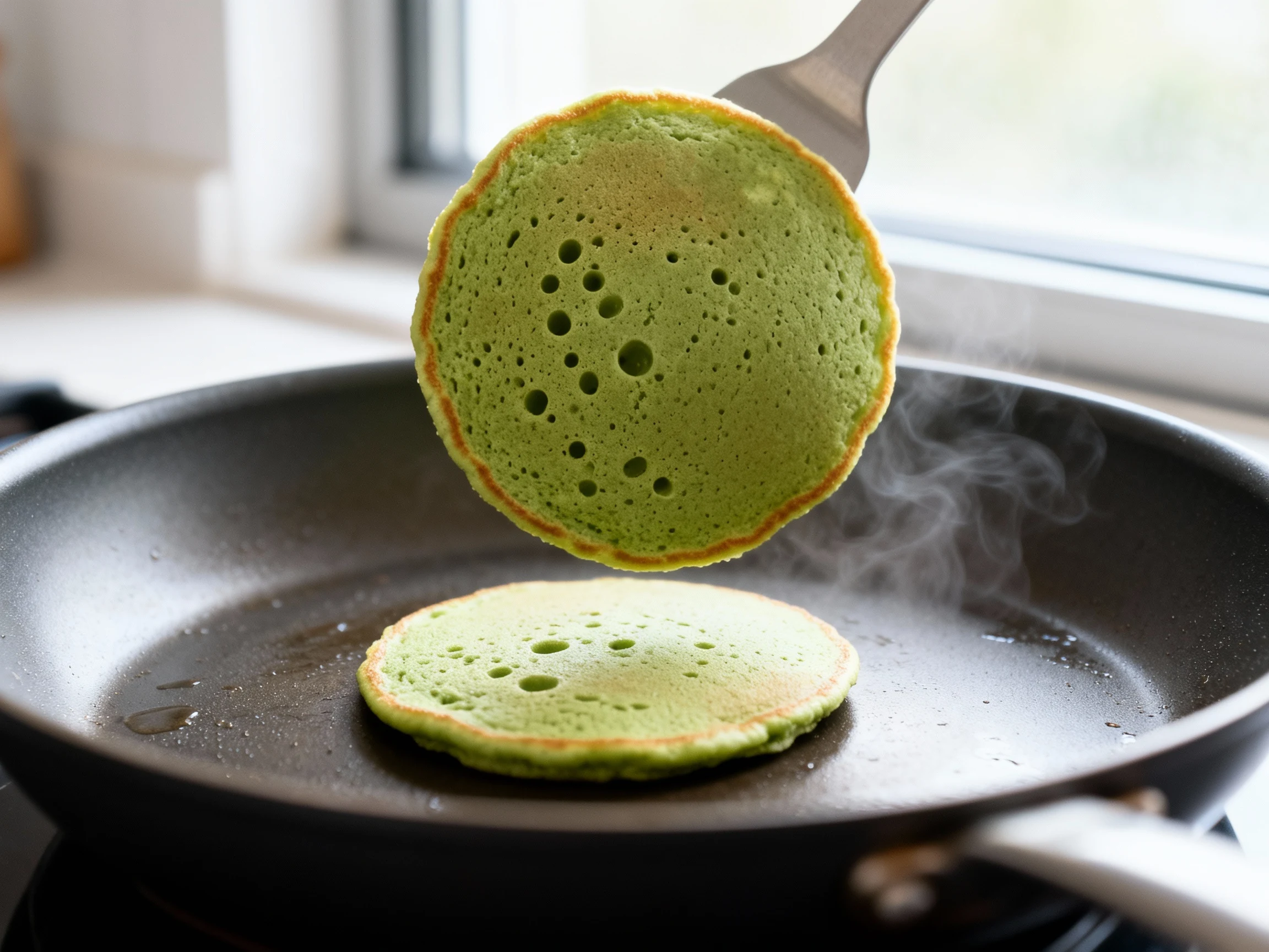 Food photography, 1. Fluffy Matcha Pancakes being prepared, showing the first pancake mid-flip on a medium, lightly grea