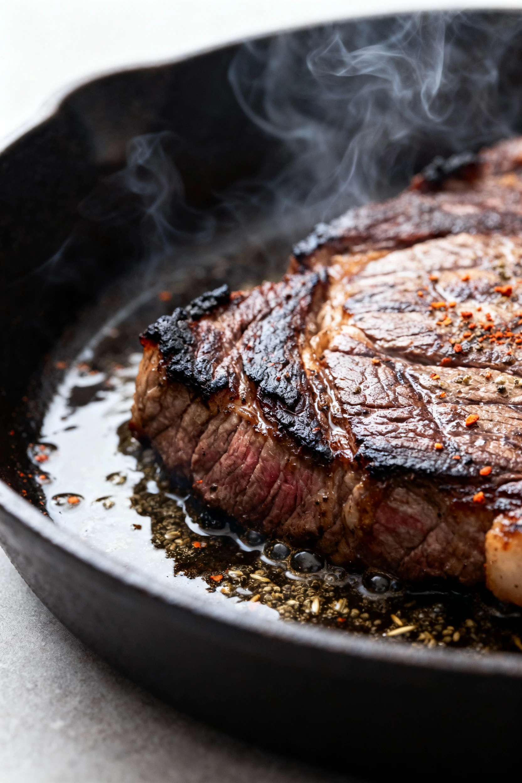 Food photography, Close-up of skirt steak searing in a smoking-hot cast-iron skillet, deep caramelized crust and charred