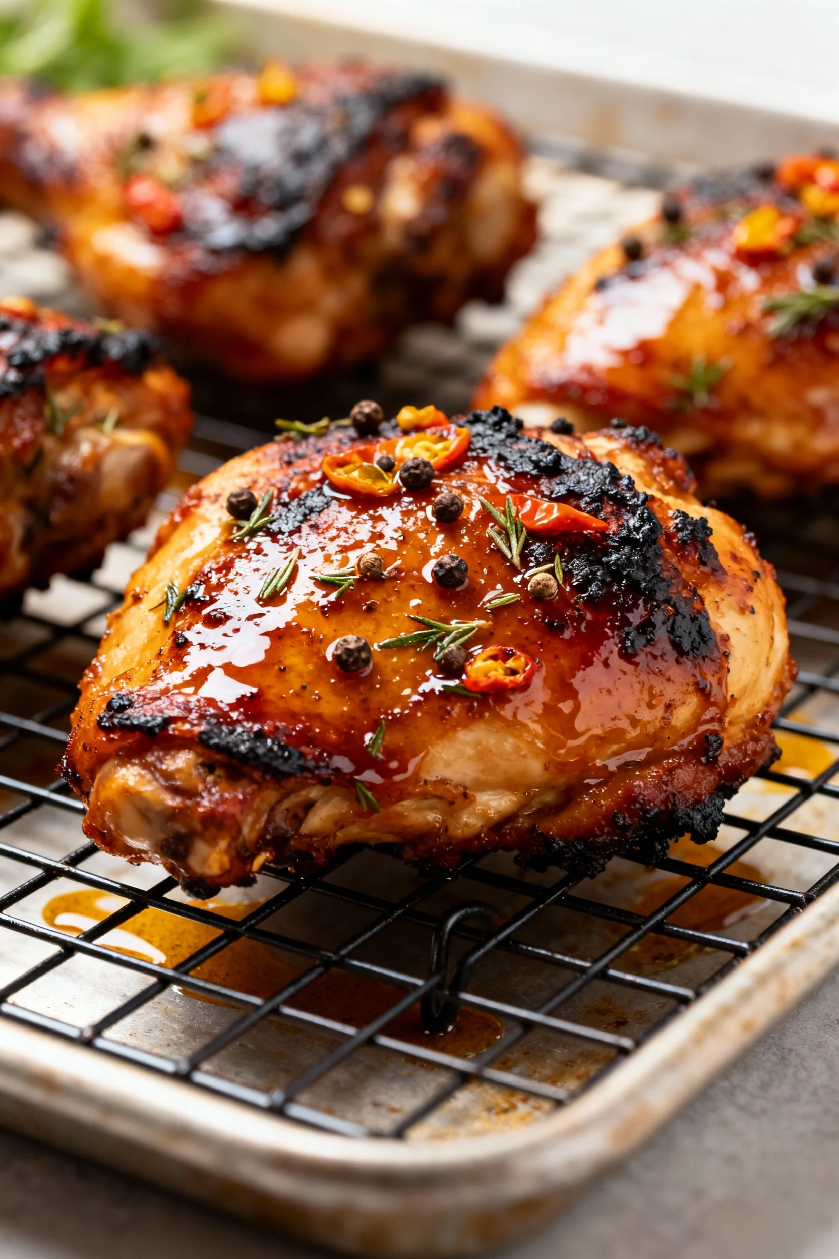 Food photography, Close-up of jerk chicken thighs, blistered and lacquered with Scotch bonnet–spiked glaze; charred edge