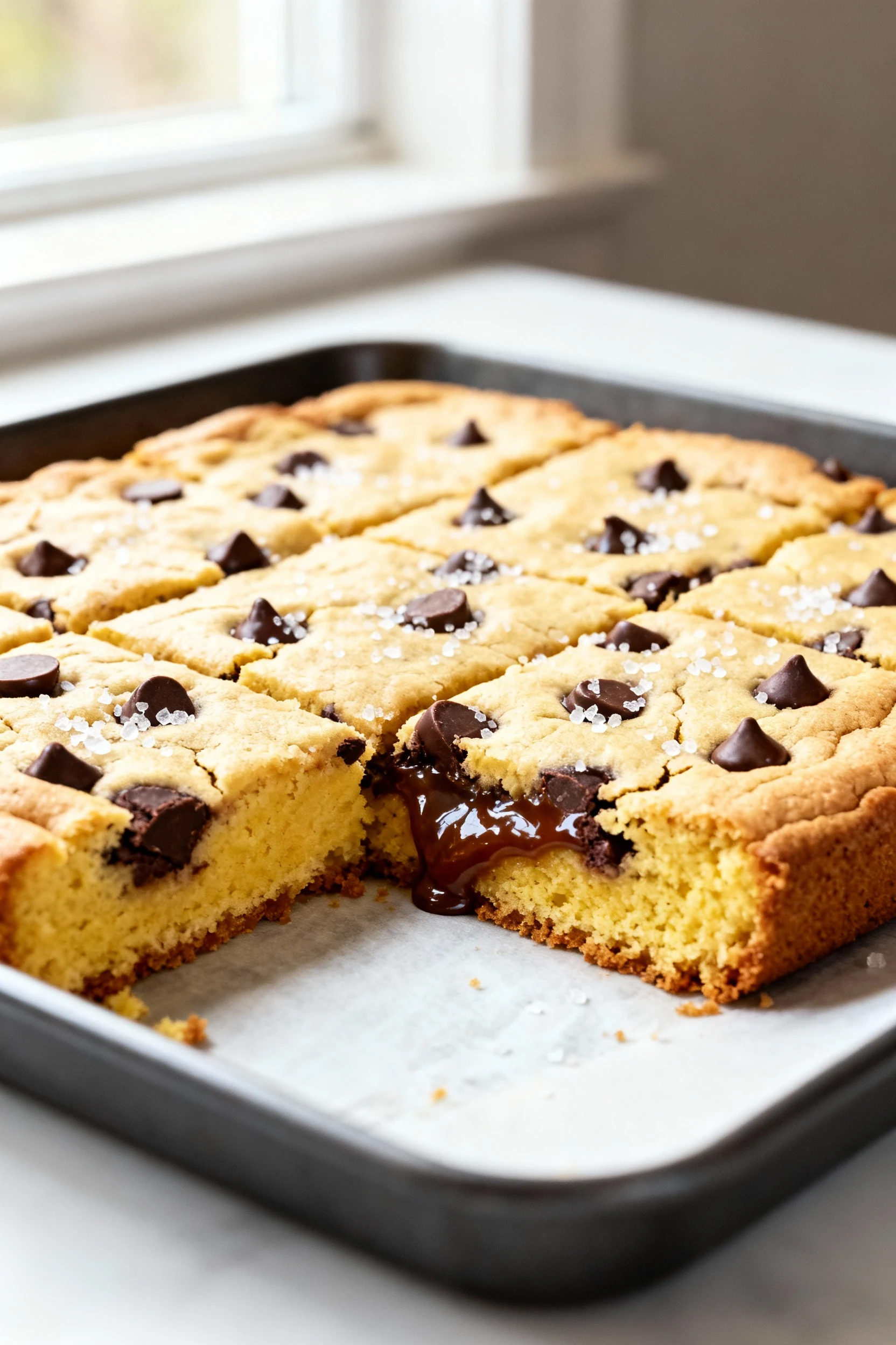 Food photography, Close-up of chocolate chip cookie bars (9x13 pan) made from yellow cake mix, golden crinkly top with g