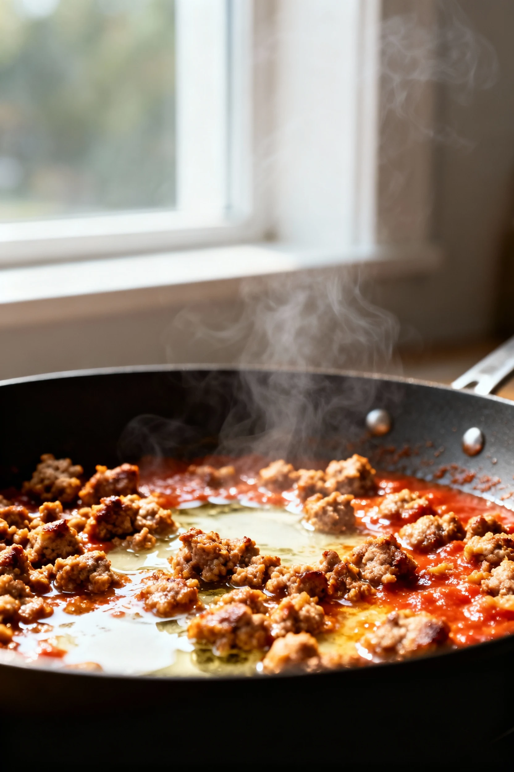 Food photography, 1. Close-up of golden-browned Italian sausage crumbles in a deep skillet, fond being deglazed with whi