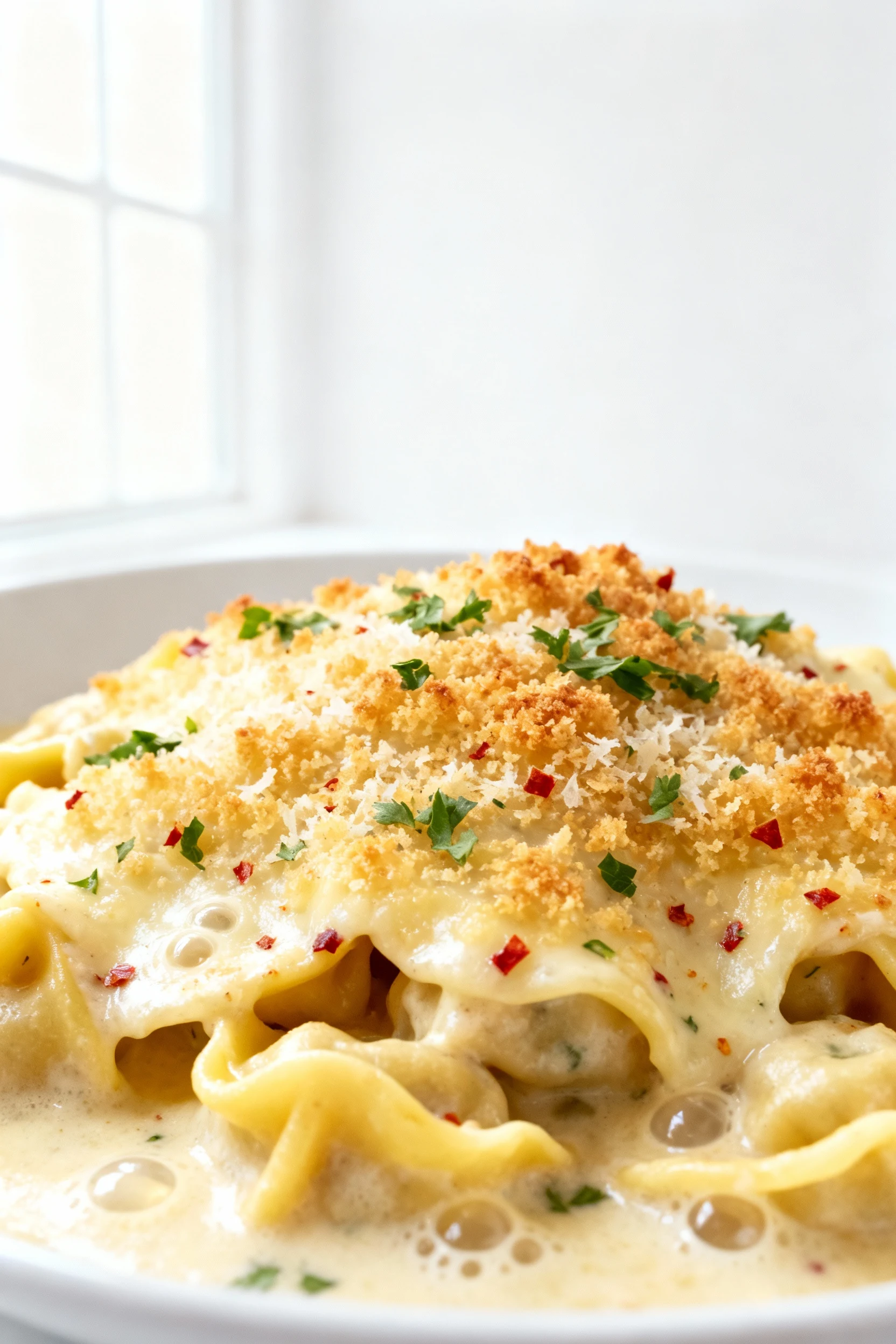 Food photography, Macro close-up of golden mozzarella–Parmesan crust on baked tortellini Alfredo, buttery breadcrumb top