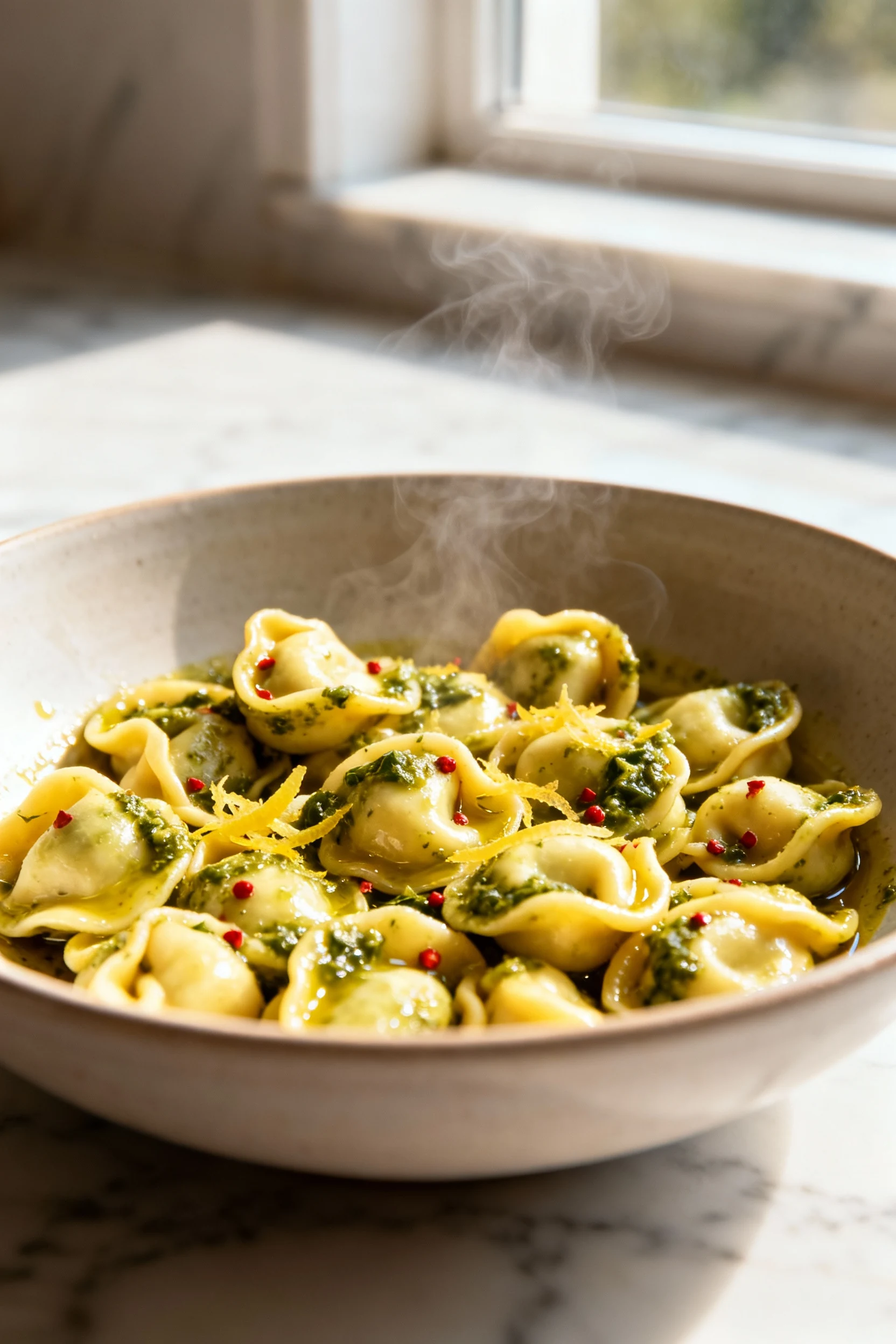 Food photography, Cooking process: Warm cheese tortellini being tossed with basil pesto, lemon zest, and olive oil in a 