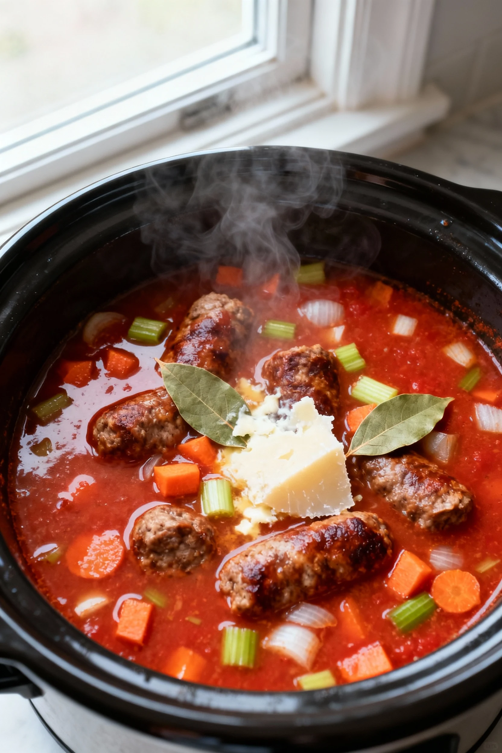 Food photography, Slow cooker soup mid-simmer: rich fire-roasted tomato broth with deeply browned Italian sausage, diced