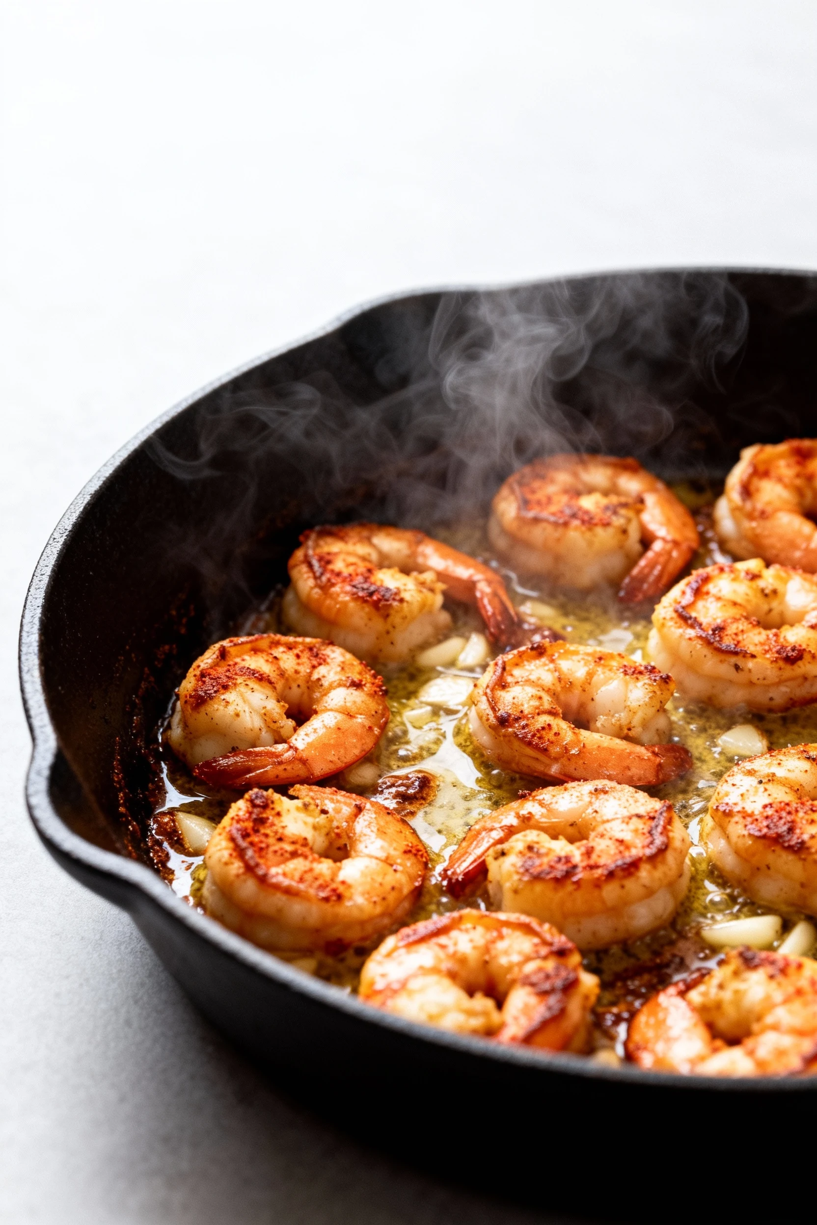 Food photography, Golden-seared shrimp in a stainless skillet, opaque with caramelized paprika-dusted edges, sizzling in